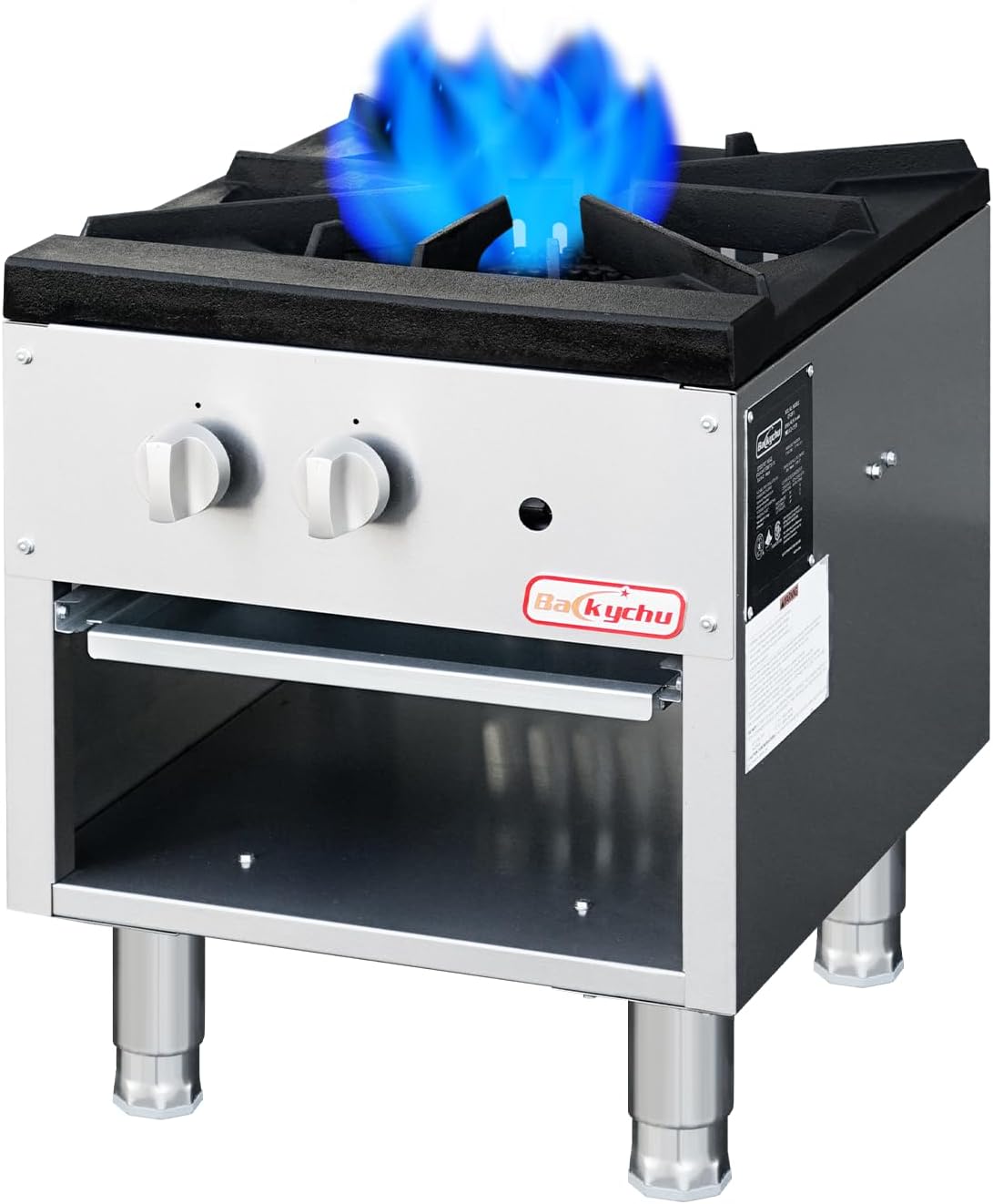 Backychu Commercial Gas Stove with Cabinet, 80,000 BTU Single Burner Stove Range, 18" Countertop Cooking Stockpot Range for Restaurant, kitchens & school, Stainless Steel Gas Hot Plate