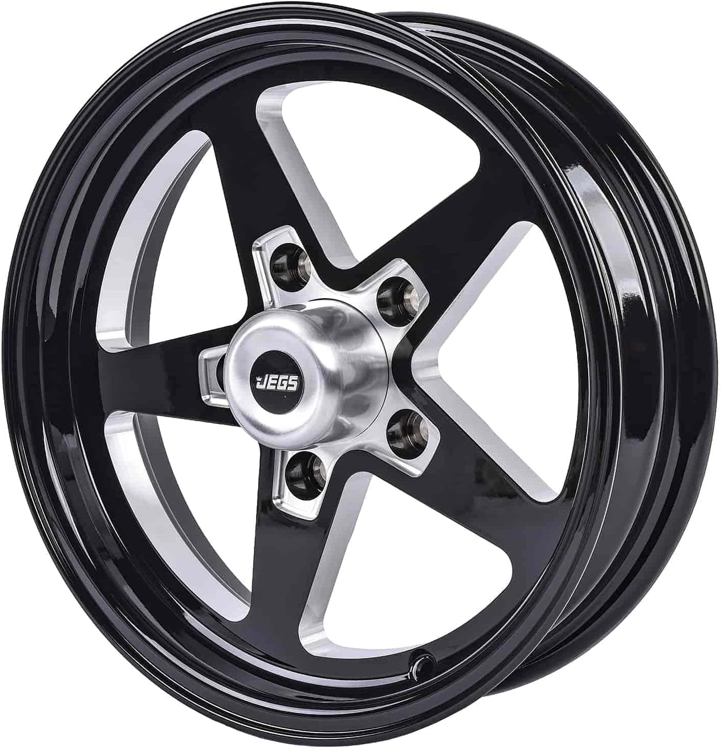 JEGS SSR Star Aluminum Wheel 15” x 4” | 5 x 5” Wheel Bolt Pattern Spacing | -19 mm Offset | 1.75” Backspacing | Gloss Black Powder Coat | 3.27” Center Bore | Includes Center Cap