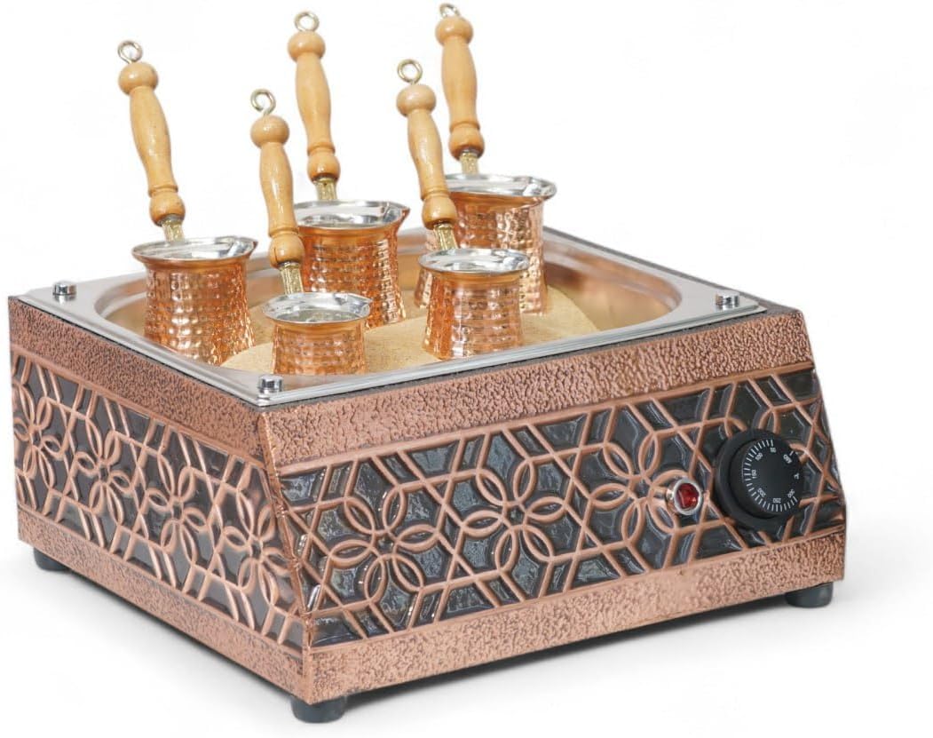 Traditional Handcrafted Copper Sand Coffee Maker Machine – With 5-Pots – 1000 W, 110 Volt – Authentic Turkish Coffee Experience rich in foam