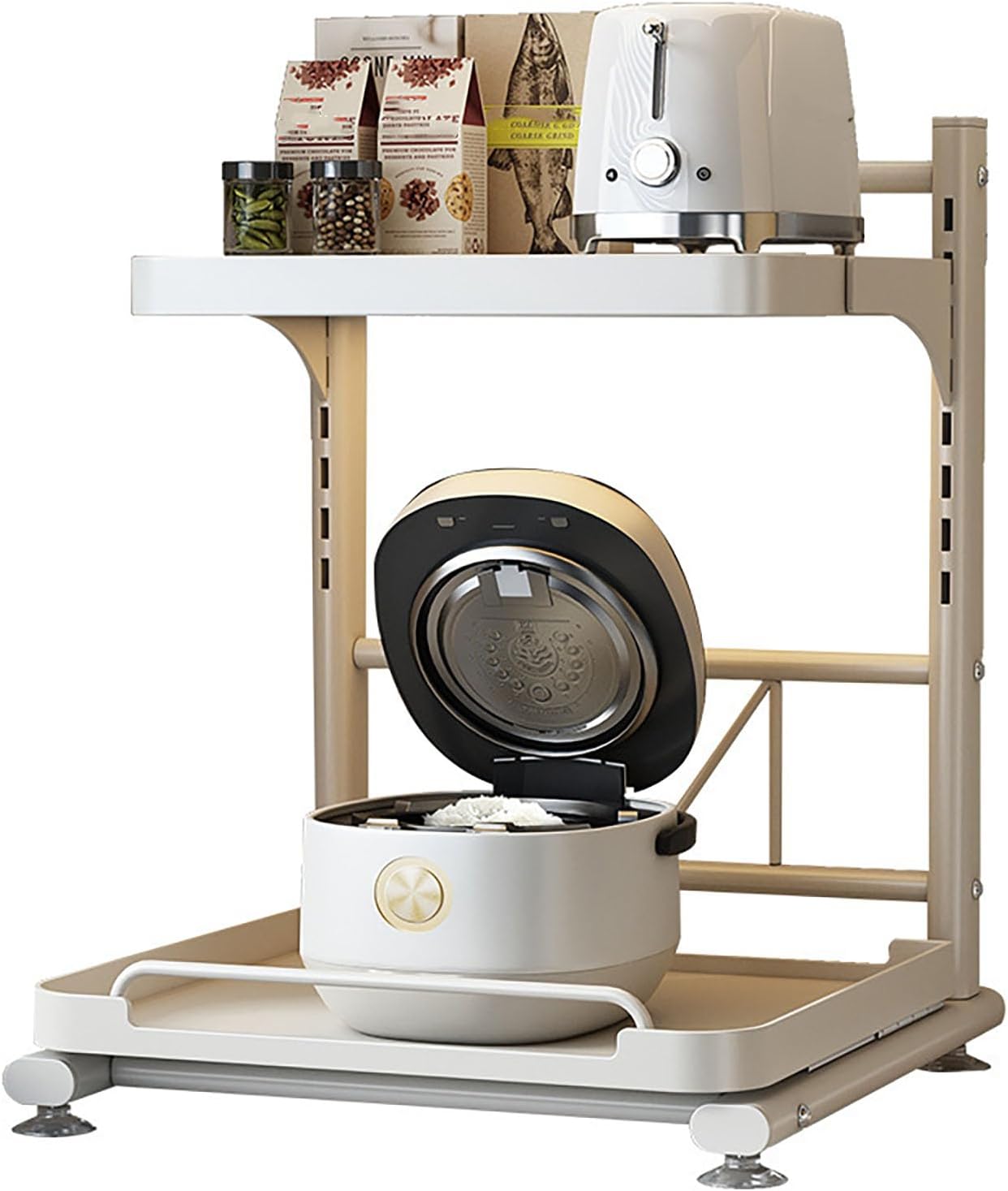 Pull-Out Rice Cooker Rack for Kitchen, Multi-Appliance Storage Shelf with Adjustable Height, Heavy-Duty Carbon Steel, Smooth Gliding Rails, Fits Microwaves, Air Fryers