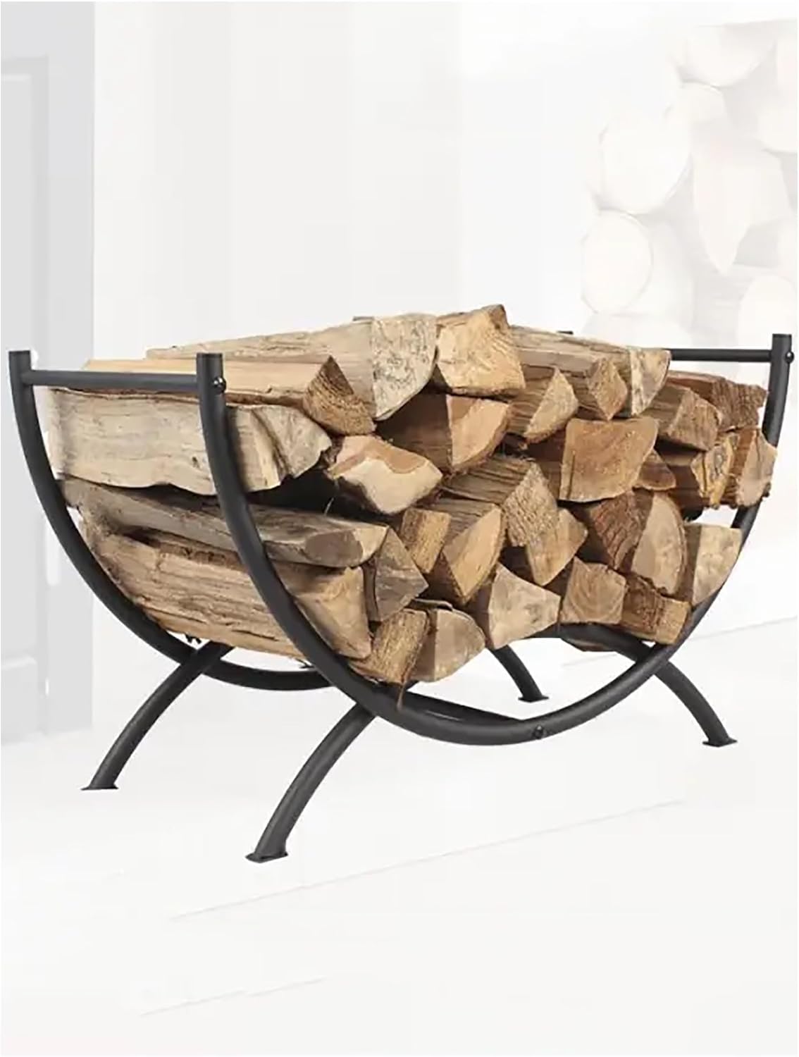 Semicircle Log Store Rack Indoor, Black Small Firewood Rack Holder for Outdoor Fireplace, for Farmhouse Deck Patio Wood Shed Porch