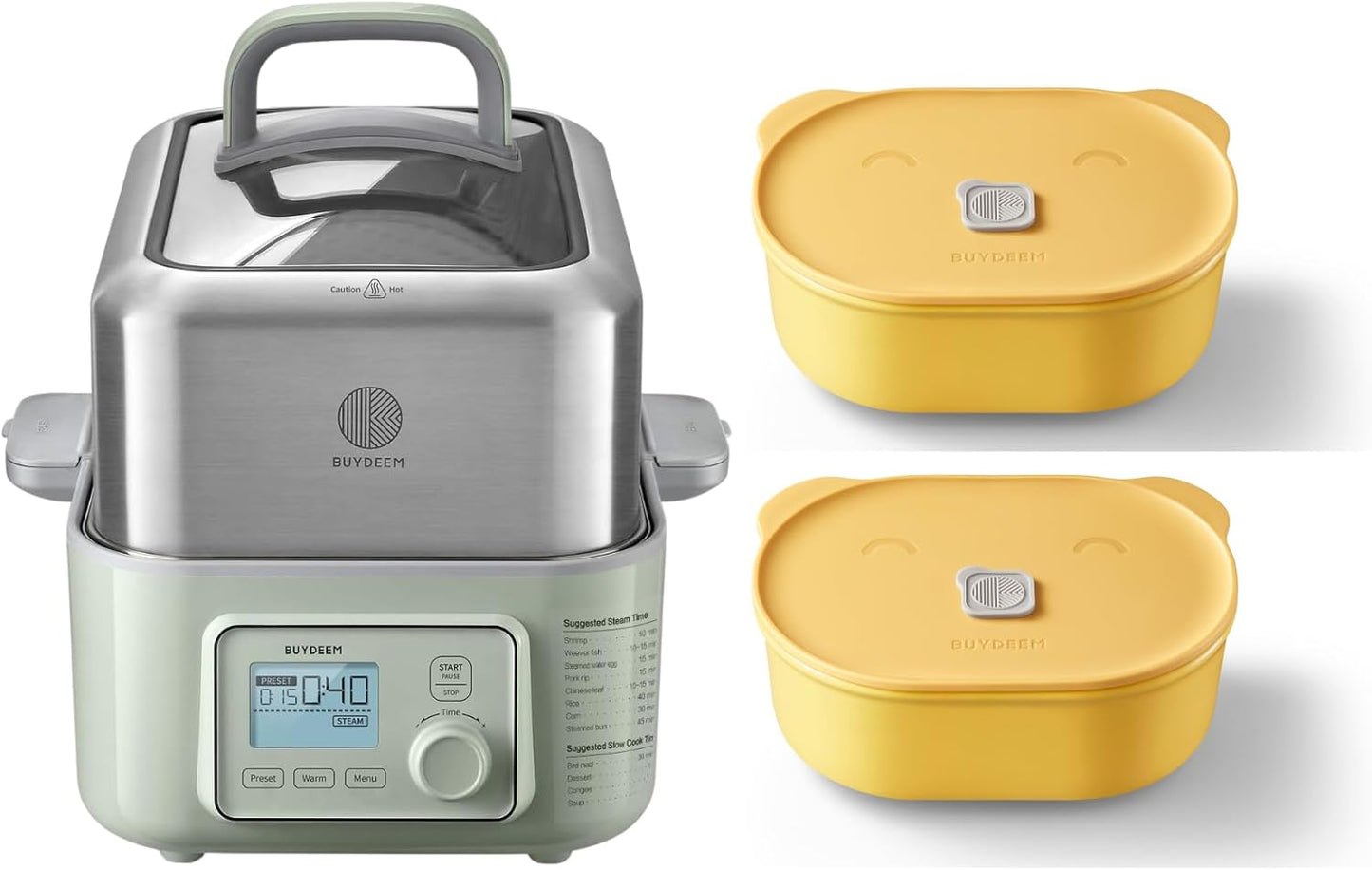 BUYDEEM G553 5-Quart Electric Food Steamer with Two Ceramic Food Storage Container 17oz Mellow Yellow, One Touch Vegetable Steamer, Digital Multifunctional Steamer, No Stew Pots Included