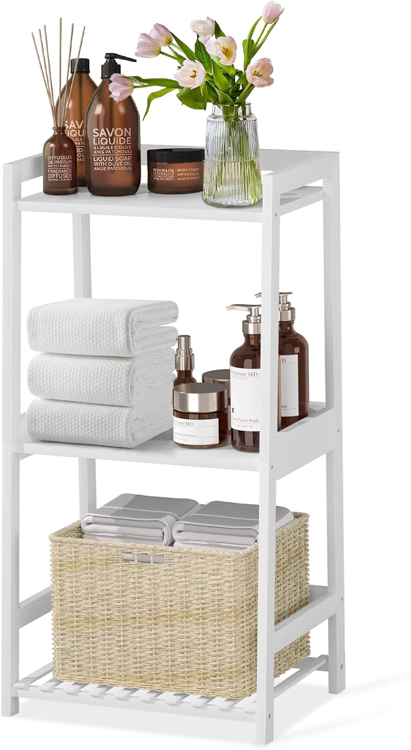 POXAKA 3 Tier Bamboo Bathroom Shelves, Ladder Shelf for Storage, Rustic Home Organizer, Space-Saving Design, Stylish Display Nightstand, Stylish Storage Solution for Home, Living Room, Kitchen