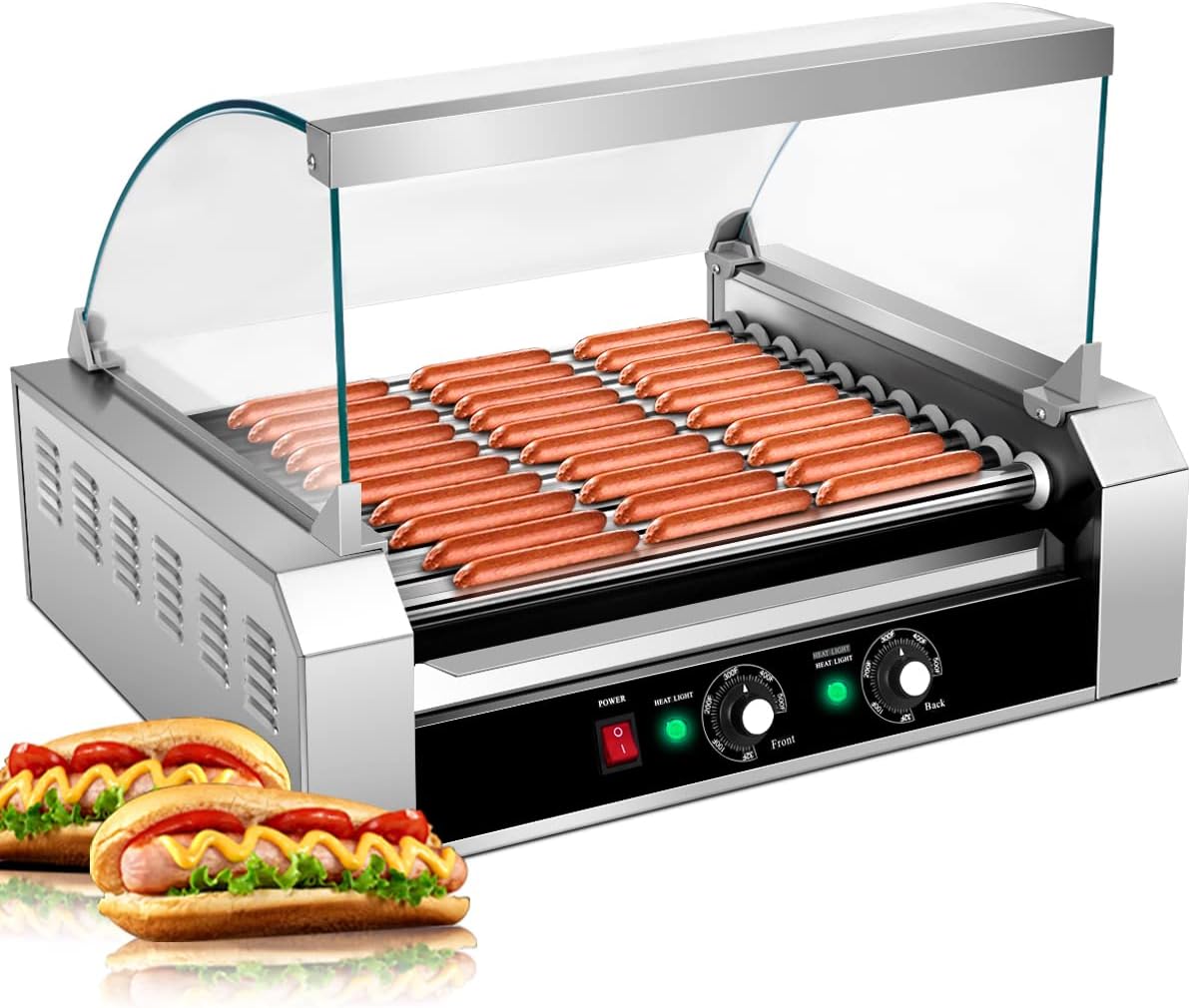 KOTEK Hot Dog Roller Machine, 30 Hot Dog and 11 Non-Stick Roller, Sausage Grill Cooker Machine with Glass Cover, Drip Tray, Dual Temperature Control for Commercial and Household Use (11 Rollers)