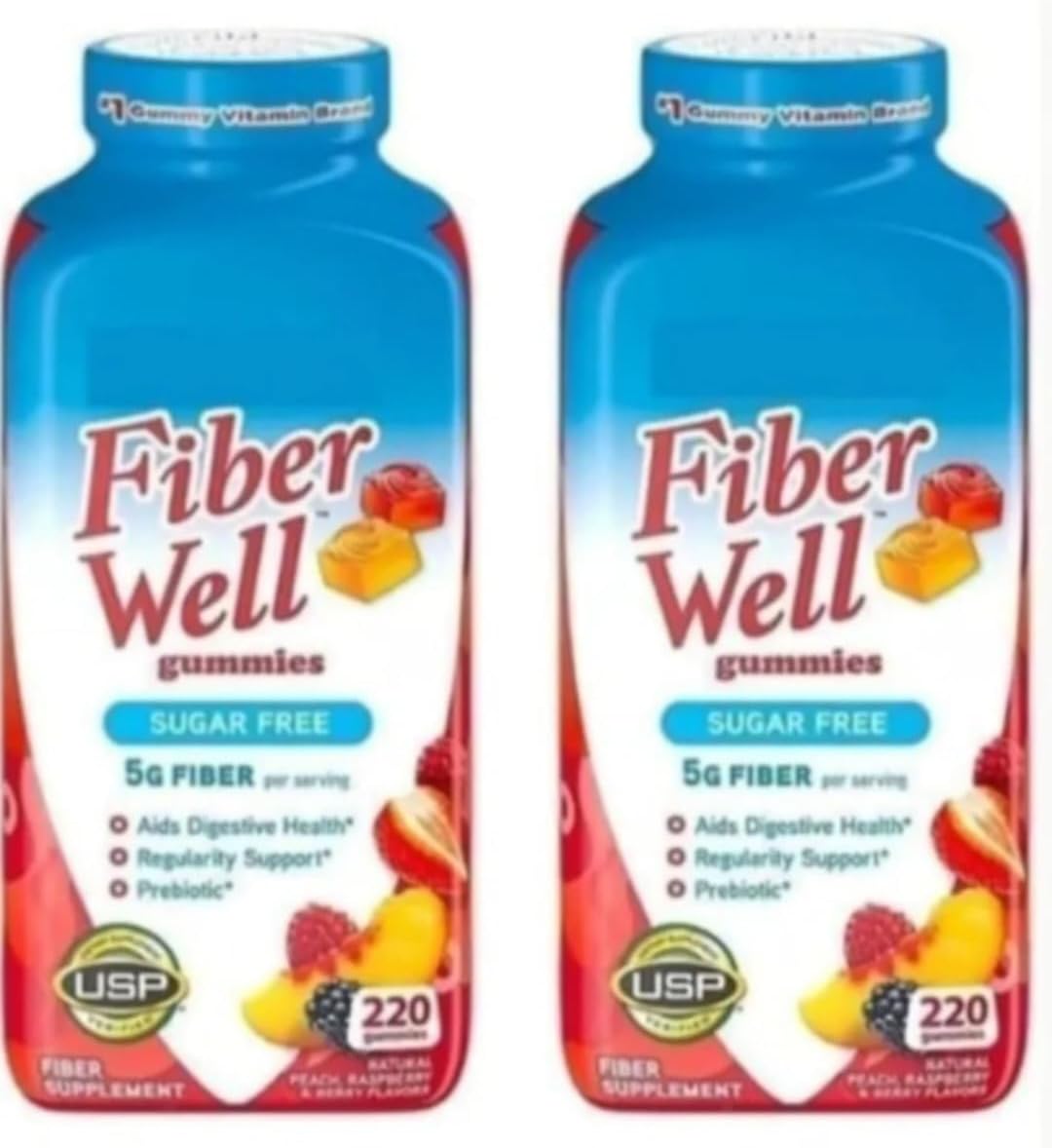 Fiber Well Sugar Free Gummies Supplement, Peach, Strawberry and Black Berries Flavored