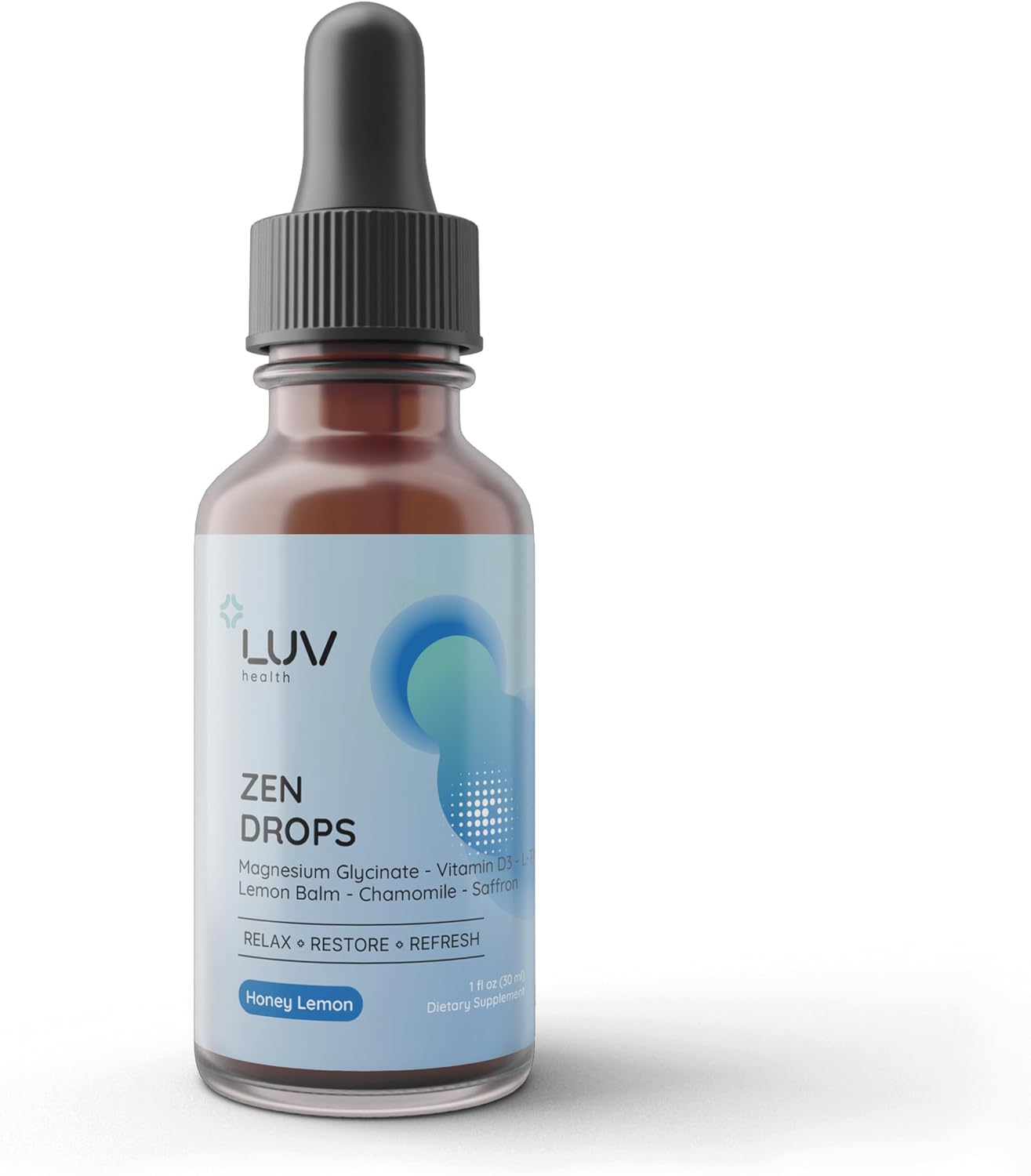 LUV Zen Drops: Anxiety and Stress Support Drops with Magnesium Glycinate, Vitamin D3, Lemon Balm, Chamomile, Saffron, L-Theanine. Keto, Vegan, USA Made, Non-GMO, 30 Servings (1)