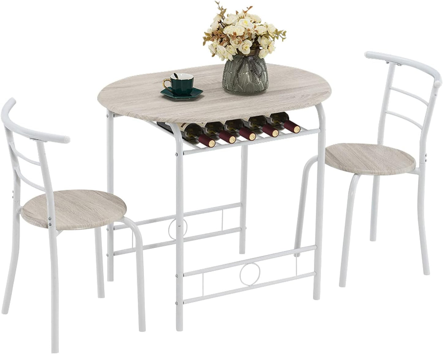 VINGLI 3 Piece Dining Set,Small Kitchen Table Set for 2,Breakfast Table Set,Kitchen Wooden Table and 2 Chairs for Small Space\/Dining Room\/Apartment,Metal Frame,Wine Rack,White&Light Oak