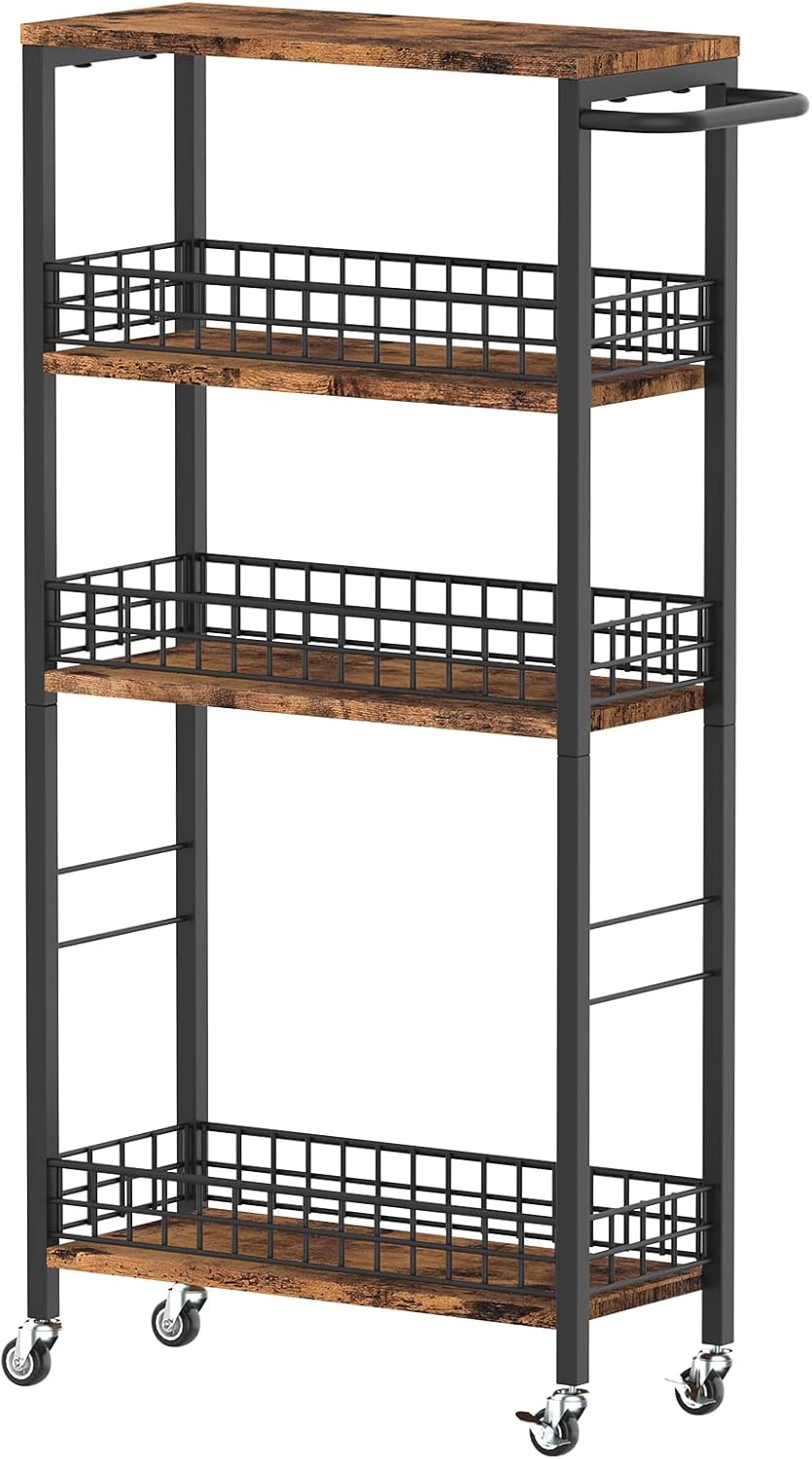 Slim Storage Cart Rolling Kitchen Cart with Wheels Narrow Laundry Storage Utility Cart 4 Tier Bathroom Mobile Shelving Unit Organizer with Wood Tabletop Trolly Cart with Handle for Small Spaces, Brown