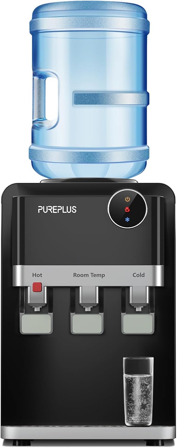 PUREPLUS Top Loading Water Cooler Dispenser, Countertop Water Cooler for 3 or 5 Gallon Bottles, Hot & Cold Water, 3 Temperature Settings, Child Safety Lock, Removable Drip Tray for Home, Office