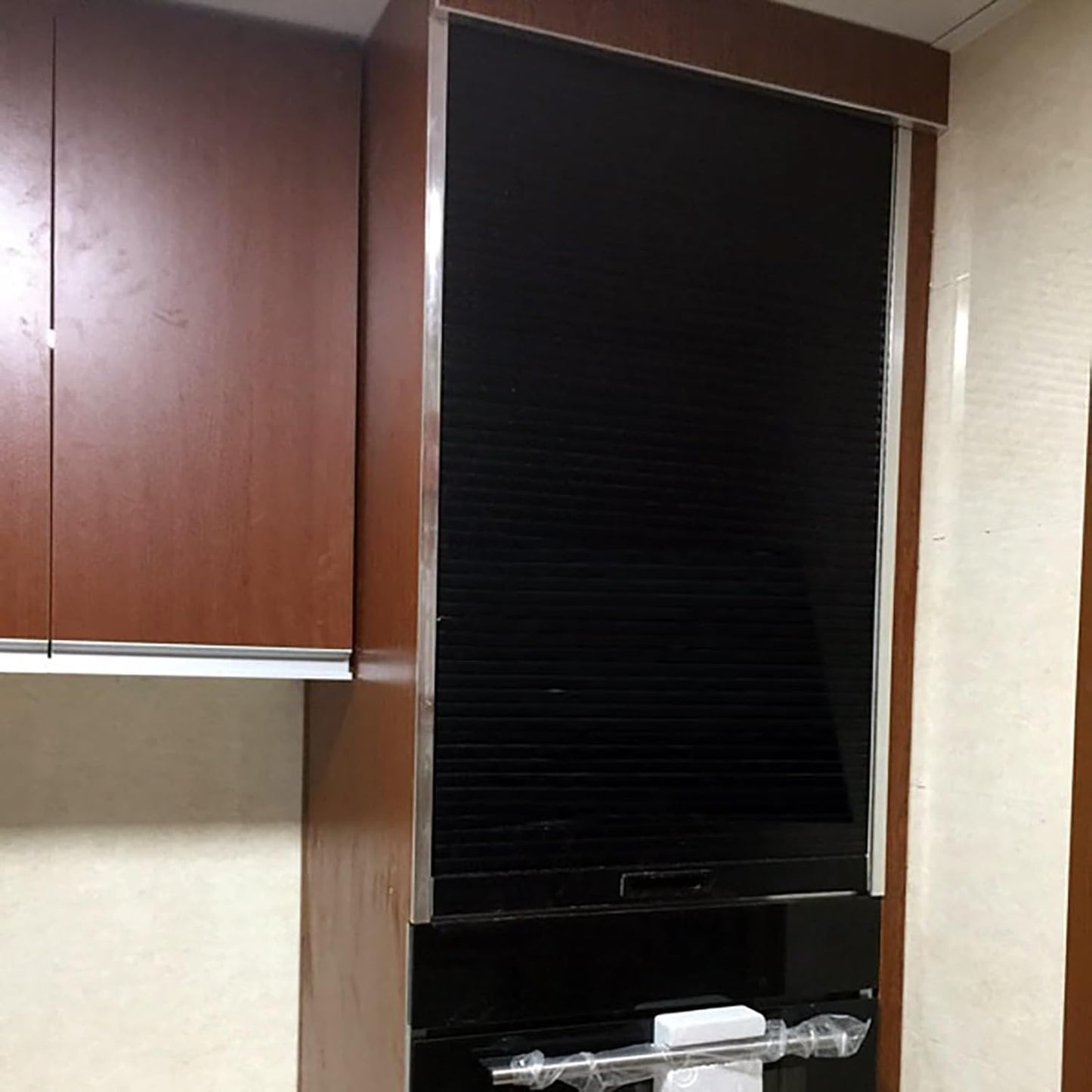 Tambour Kitchen Cabinet Door Abs Slats, Pull-Down Appliance Storage Bins Sliding Gate Kits Replacement with Track\/Hand Pull, Black - Easy to Install(Depth 14'',W 20 x H 31 inch)