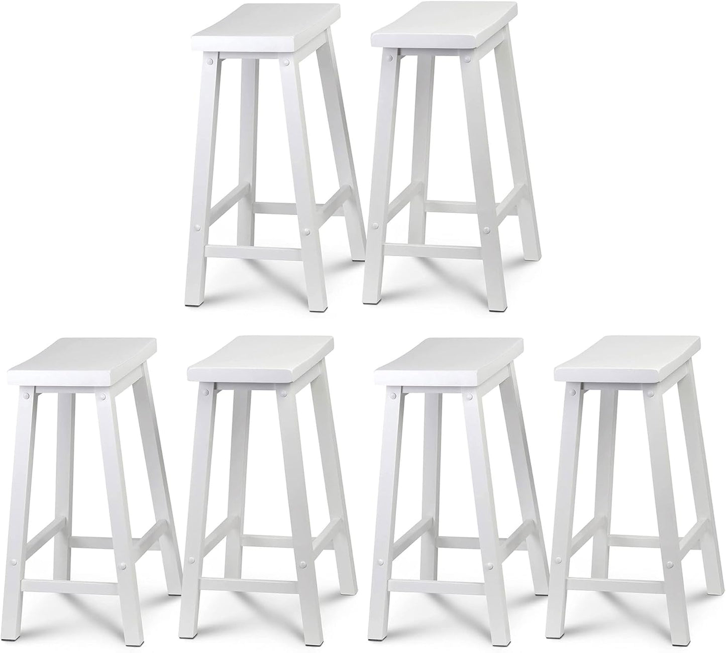 PJ Wood Classic Saddle-Seat 24" Tall Kitchen Counter Stools for Homes, Dining Spaces, and Bars w\/Backless Seats, 4 Square Legs, White (6 Pack)