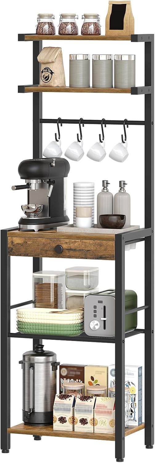 YATINEY Bakers Rack, 5-Tier Coffee Bar Station, Coffee Stand with Pod Drawer Holder, Versatile Kitchen Storage Rack with 4 Hooks, for Living Room, Cafe Corner, Rustic Brown and Black KF01BRY1