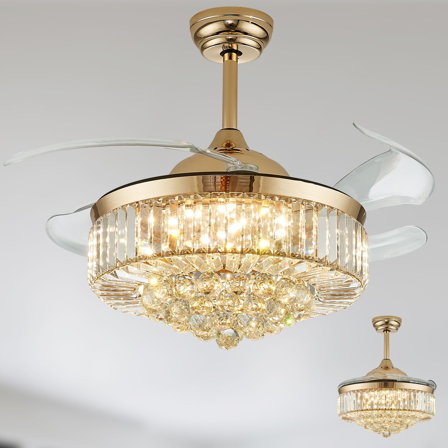 Antoine Retractable Crystal Integrated 42-in Glod with Clear Blades Color-changing Integrated LED Indoor Smart Fandelier Ceiling Fan with Light and Remote (4-Blade) LSBD-14