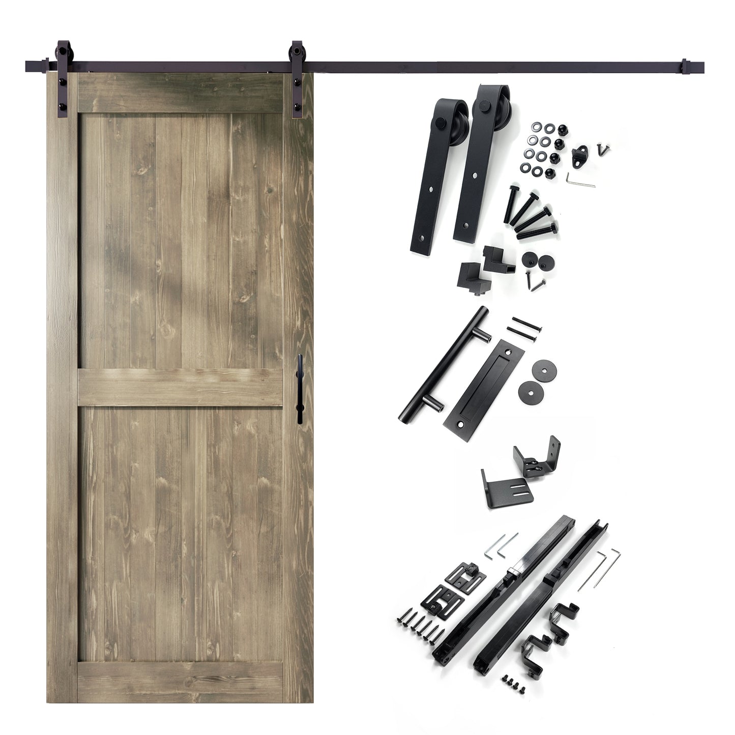 HOMACER 48-in x 84-in Classic Gray Mid-Bar Pine Wood Solid core Single Barn Door (Hardware Included)