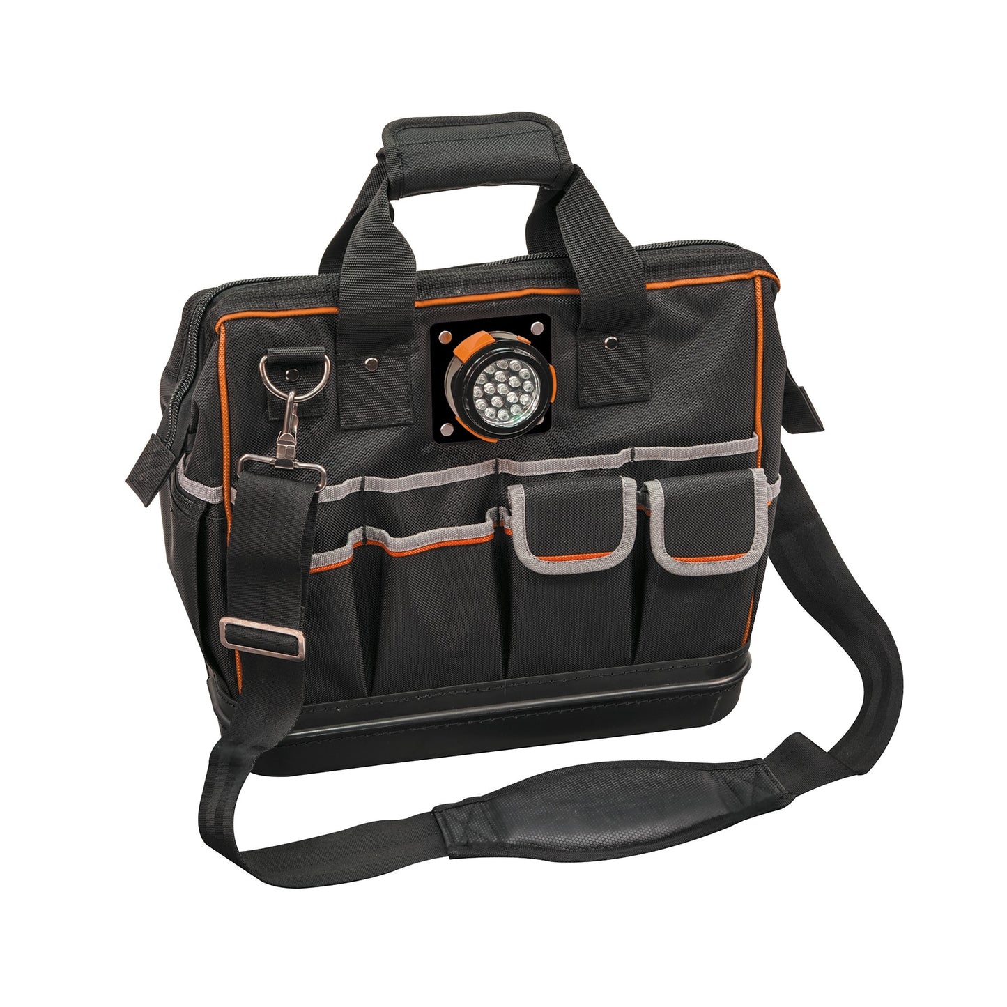 Klein Tools Tradesman Pro(TM) Lighted Tool Bag Black Ballistic Nylon 8-in Zippered Tool Bag 55431