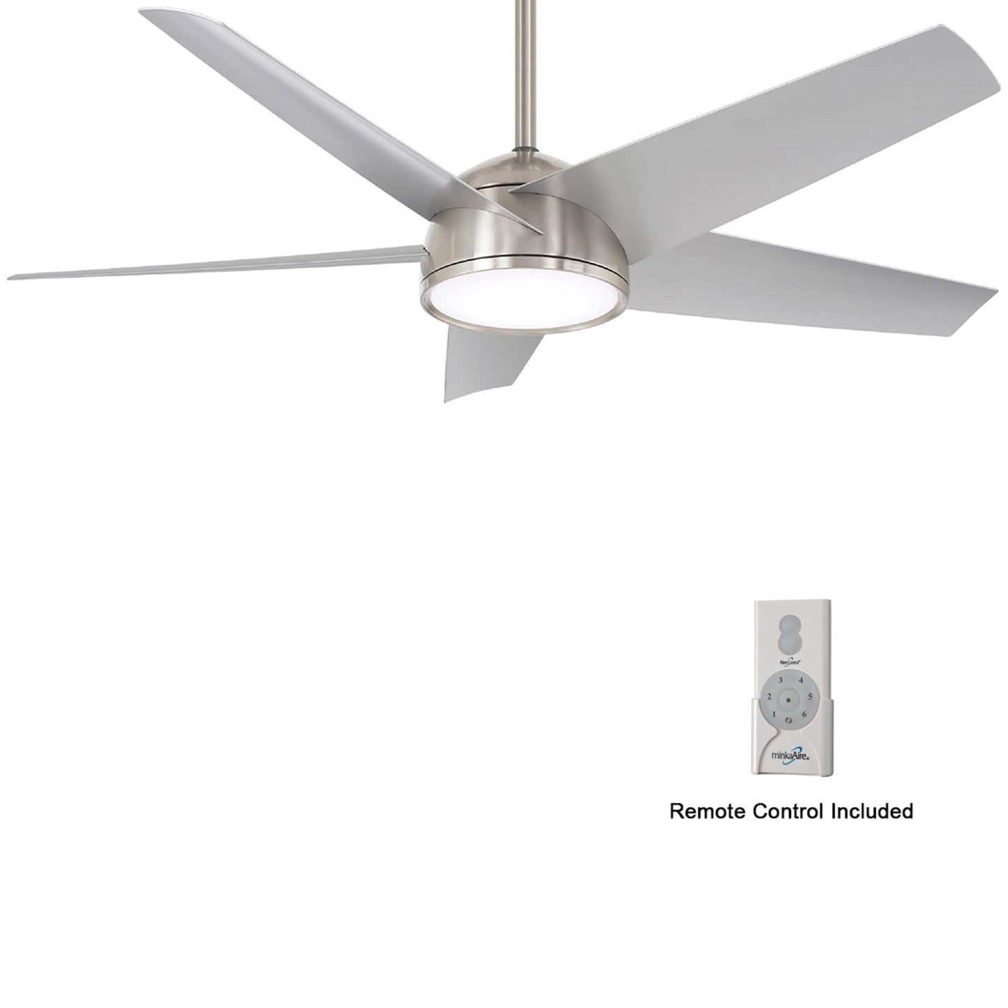 Minka Aire Chubby 58-in Brushed Nickel Wet with Silver Blades Integrated LED Indoor/Outdoor Smart Ceiling Fan with Light and Remote (5-Blade) F781L-BNW