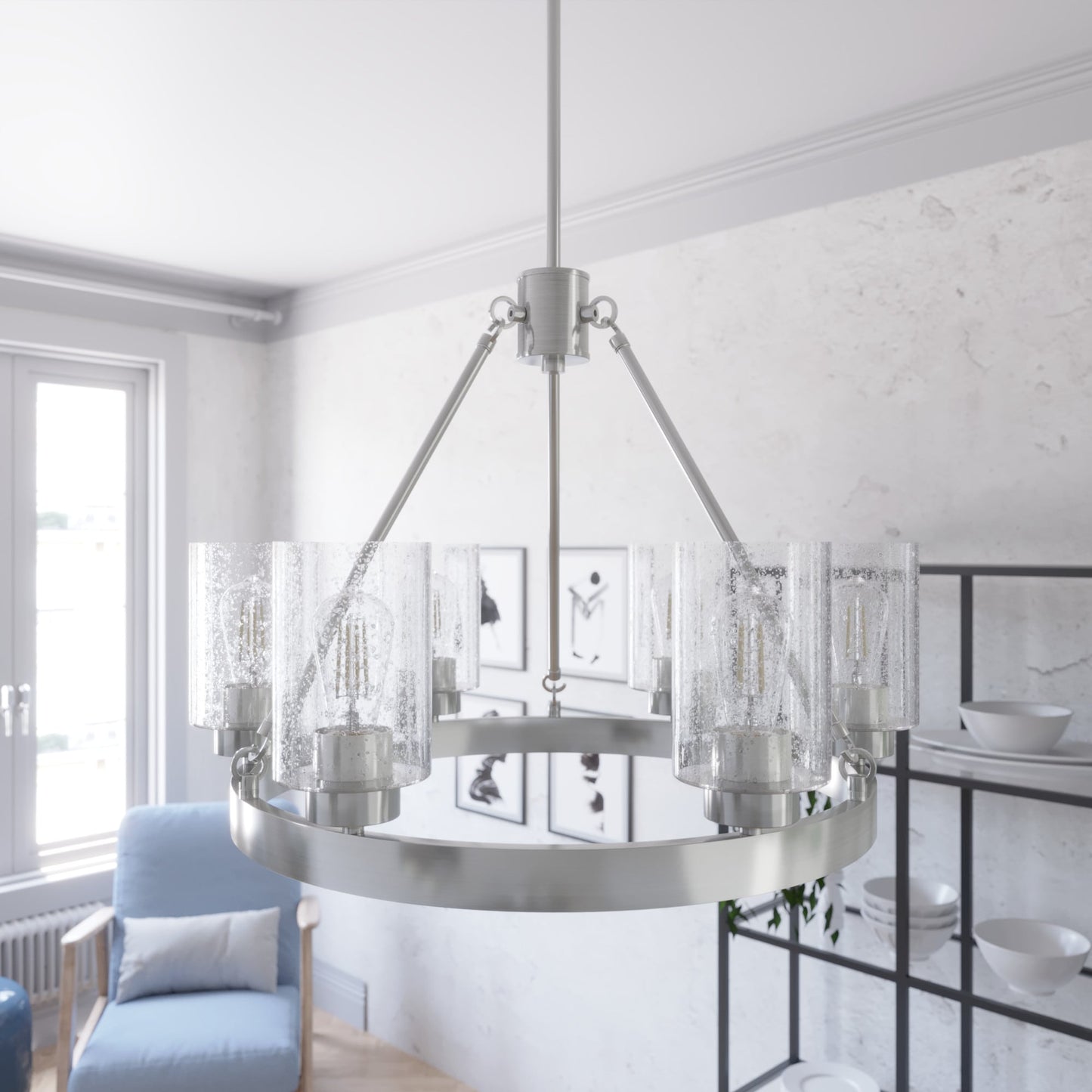 Hunter Hartland 6 -Light Brushed Nickel Farmhouse For Use in Bedrooms, Dining Rooms, Foyers, Kitchens, Living Rooms Chandelier 3848160