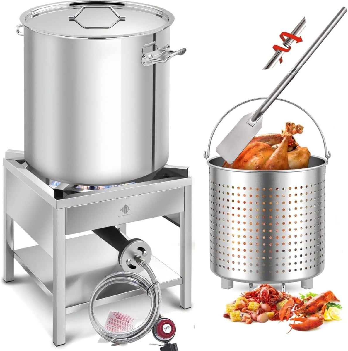 64QT Stainless Steel Seafood Boil Pot with 200,000BTU Propane Burner and 36" Mixing Paddle, Crab Crawfish Boil Pot and Burner for Outdoors Cooking and Steaming