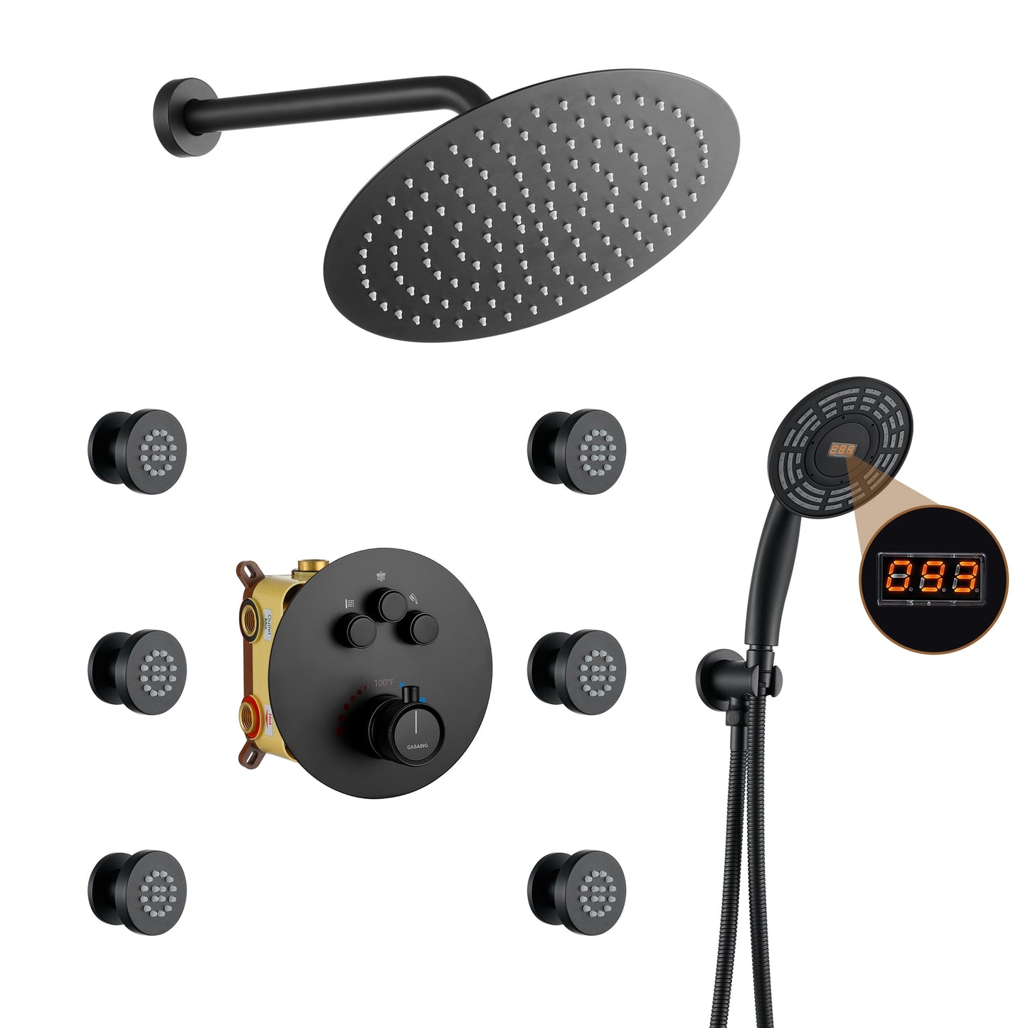 CASAINC Luxury LED Digital Display Thermostatic Shower Faucet System Matte Black 12-in Built-In Shower Faucet System with 3-way Diverter ( Thermostatic Valve Included )