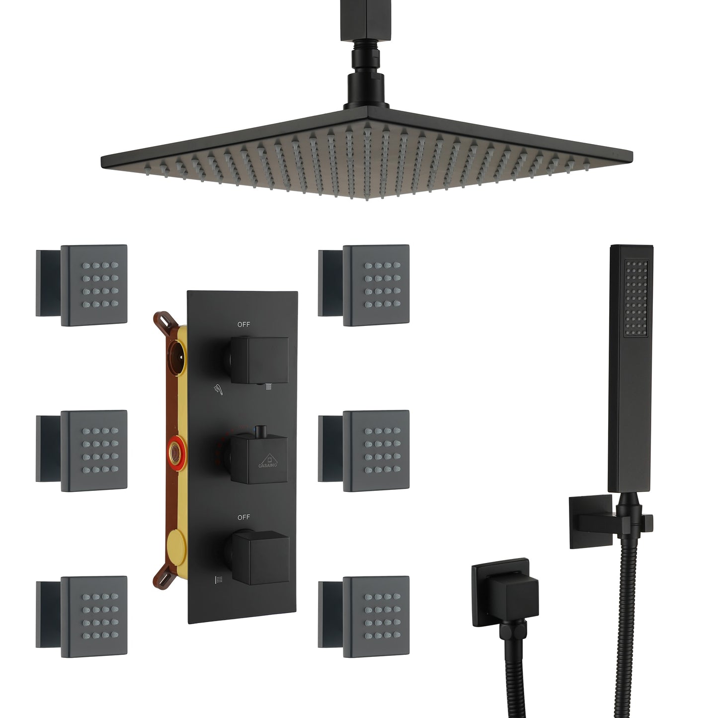 CASAINC Luxury Led 360 Degree Shower Head with Handheld Body Jets Matte Black 12-in Built-In Shower Faucet System with 3-way Diverter ( Thermostatic Valve Included )