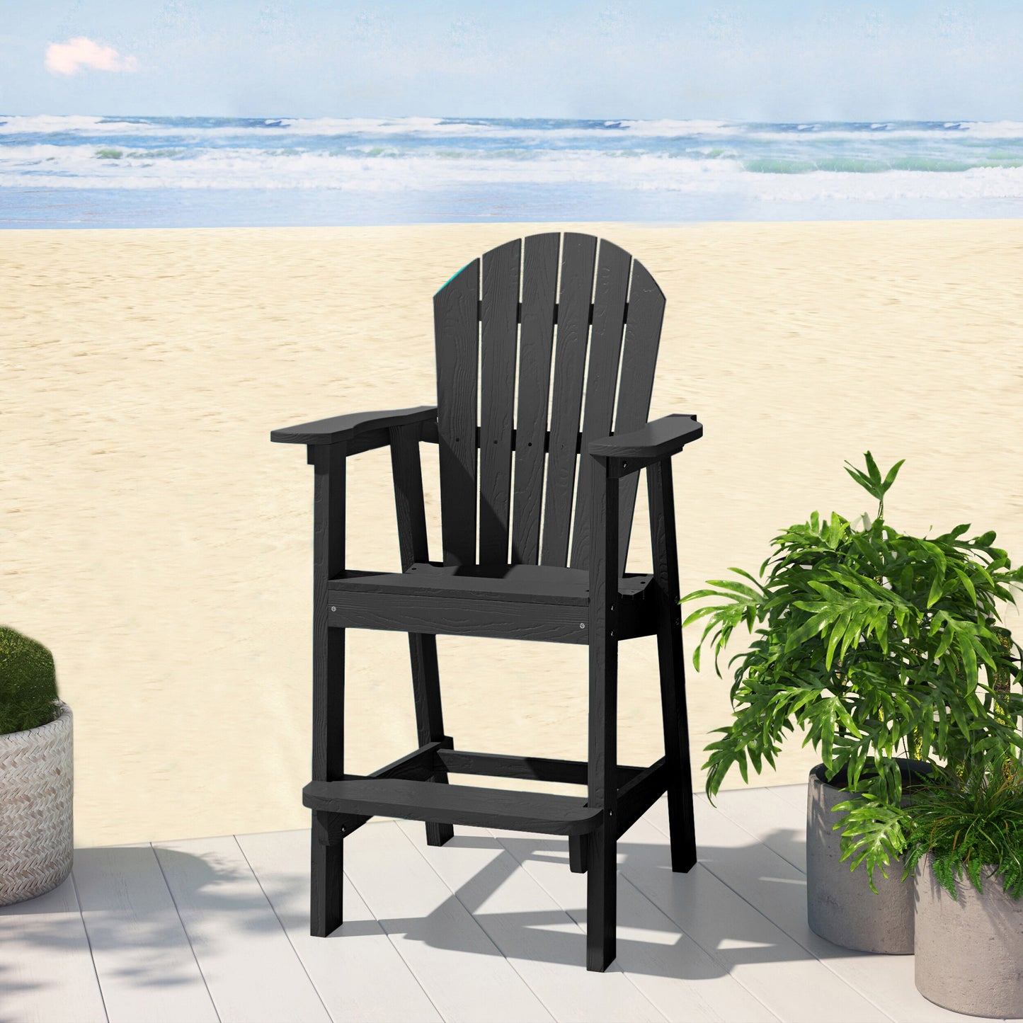 Black Wood Frame Stationary Adirondack Chair with Black Solid Seat