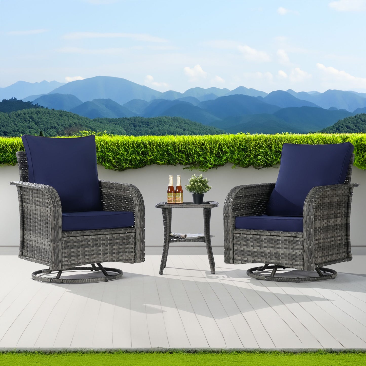 SANSTAR Patio Conversation Set 3 -Piece Wicker Patio Conversation Set with Blue Cushions