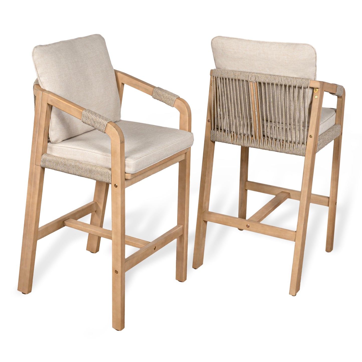 JONATHAN Y Porto Modern Coastal Set of 2 Beige/Light Teak Wood Frame Stationary Bar Stool Chair with Tan Cushioned Seat