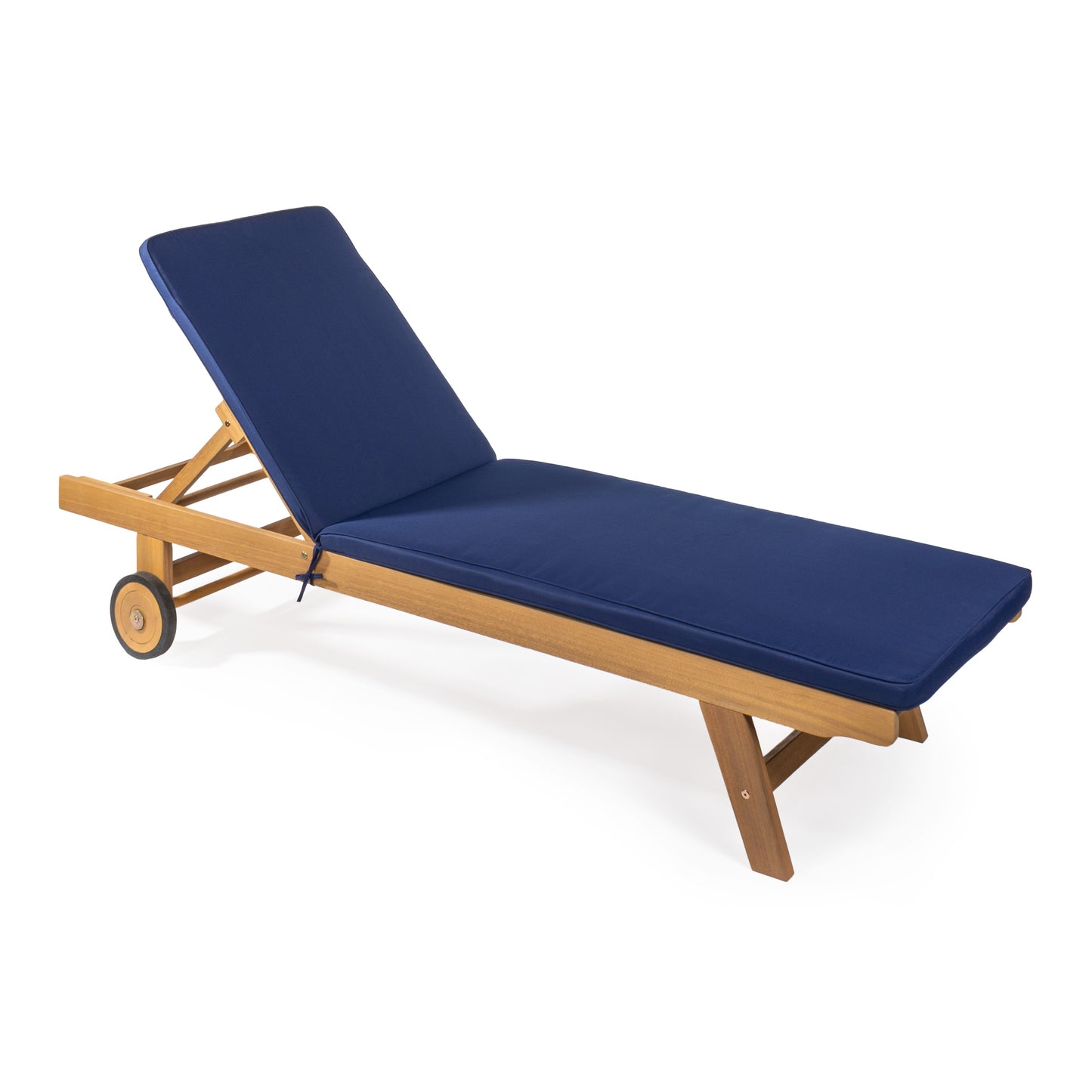 JONATHAN Y Mallorca Adjustable Modern Classic Navy Natural Wood Frame Glider Chaise Lounge Chair with Blue Cushioned Seat
