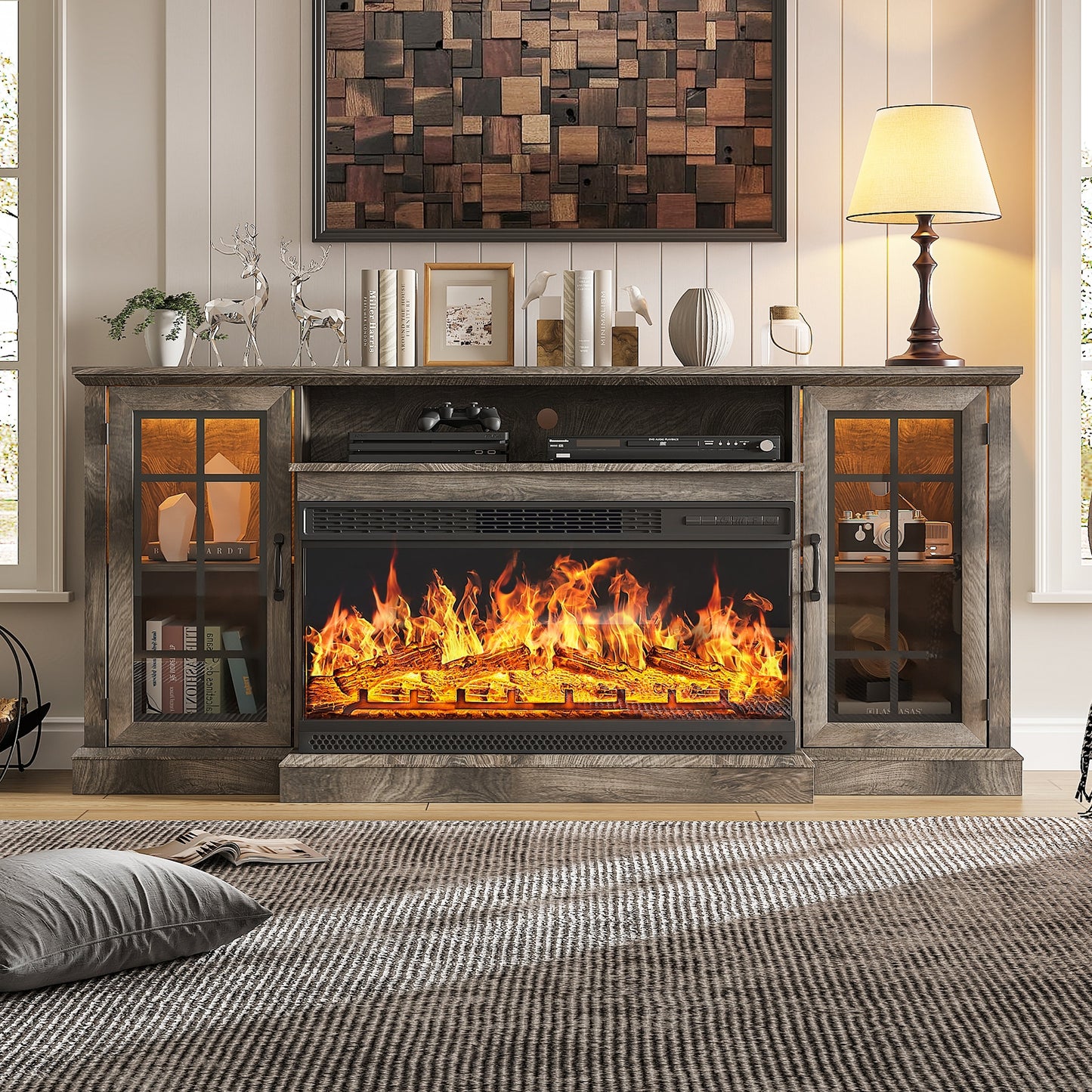 AOXUN 70-in W Gray TV Stand with LED Flat wall Electric Fireplace with Remote Control Included