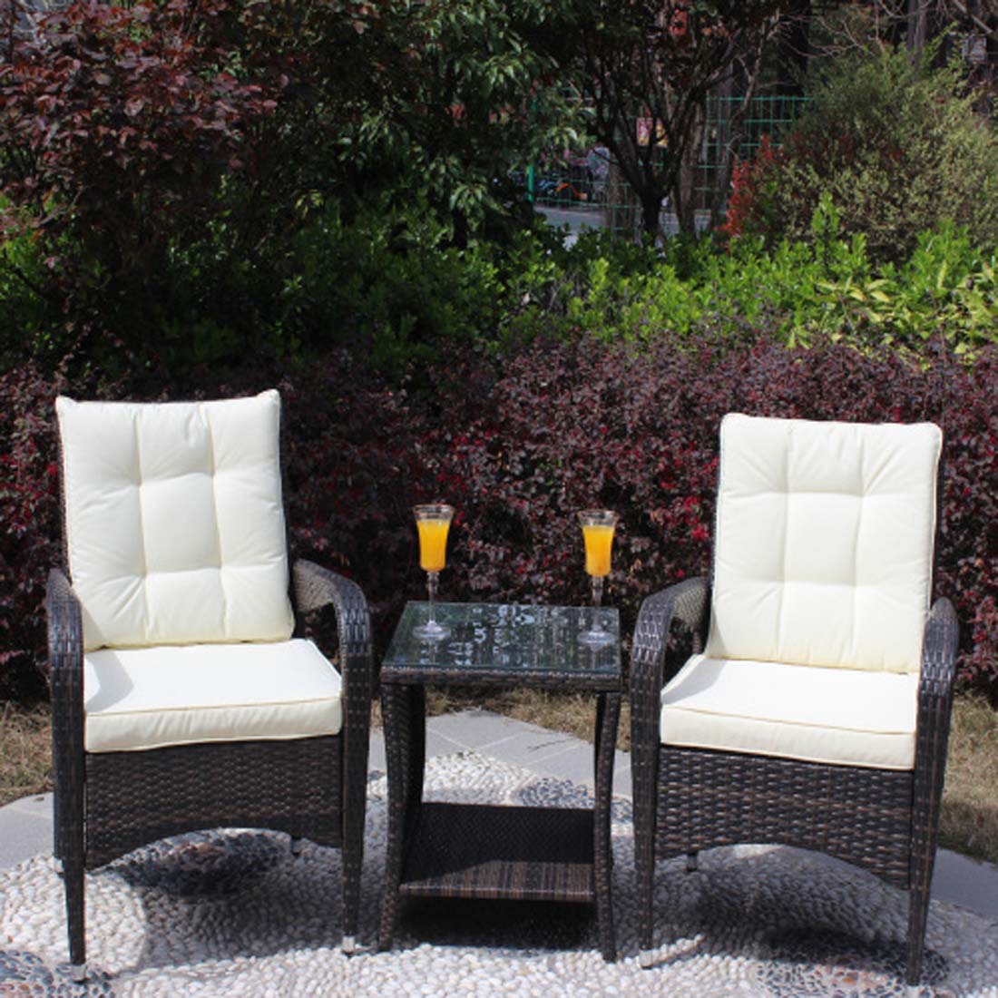 Damerin 3 -Piece Rattan Patio Conversation Set with Off-white Cushions