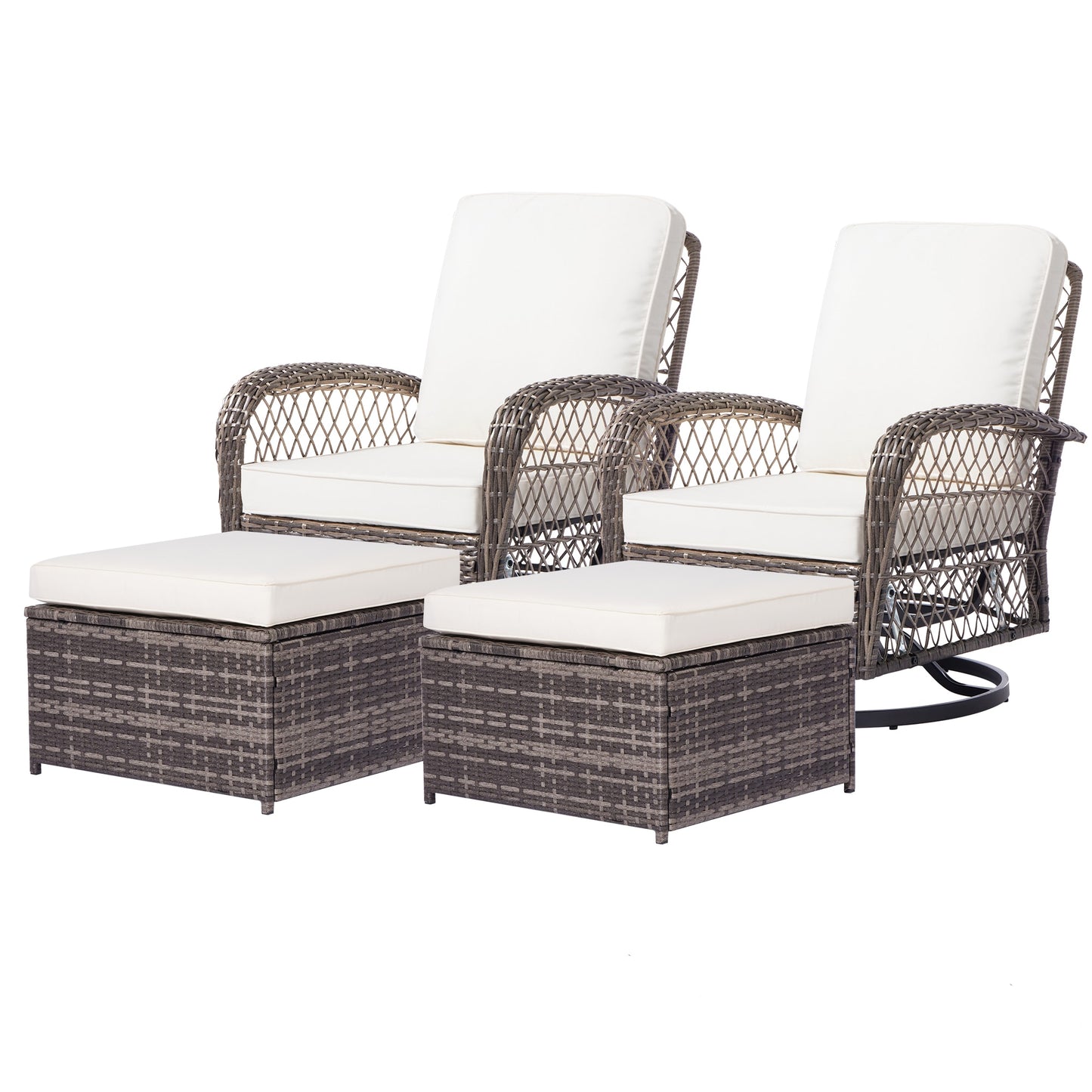 JEAREY Wicker Patio Furniture Set - 4 Piece Rattan Outdoor Conversation Sets With 2 Swivel Rocking Chairs,2 Ottomans 4 -Piece Rattan Patio Conversation Set with Off-white Cushions