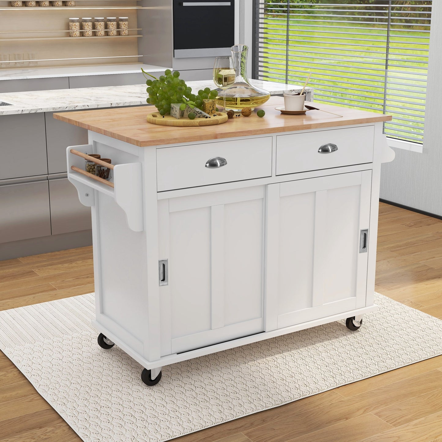 Xspracer White MDF Base with Wood Wood Top Rolling Kitchen Island ( 21-in x 52-in x 37-in )