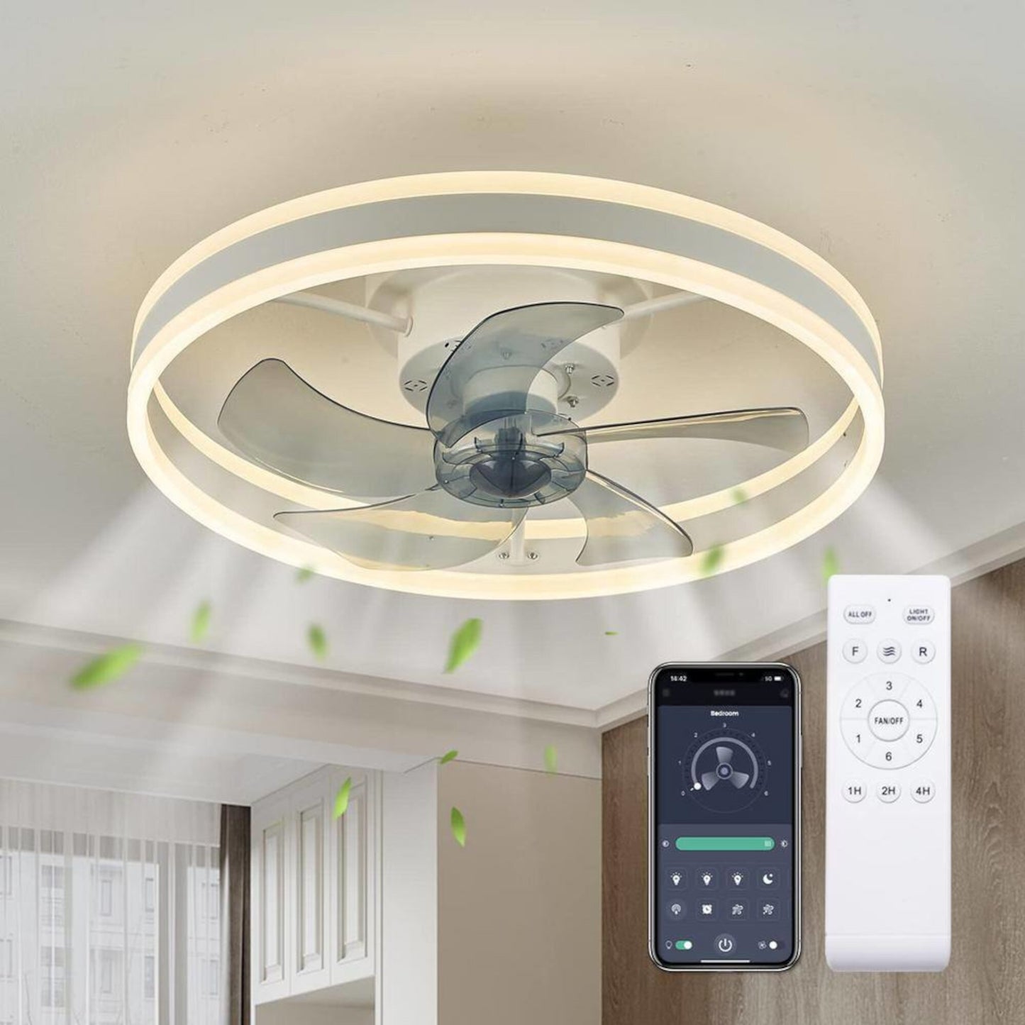 Antoine Modern Low Profile 20-in White Bladeless with Abs Blades Color-changing Integrated LED Indoor Flush Mount Smart Ceiling Fan with Light and Remote (5-Blade) LSBD-28