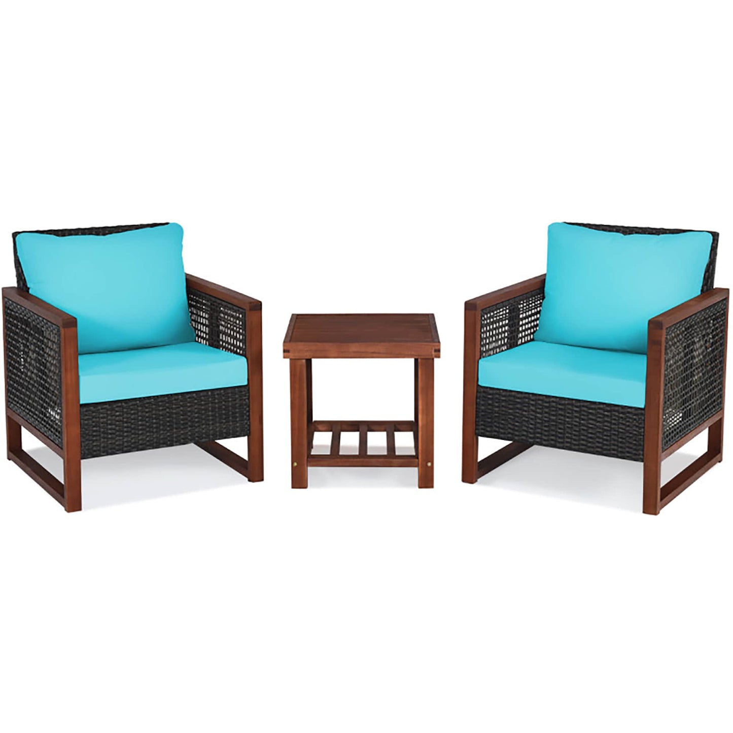 Sumyeg 3 Pieces Acacia Wood Patio Furniture Set with Coffee Table 3 -Piece Rattan Patio Conversation Set with Blue Cushions