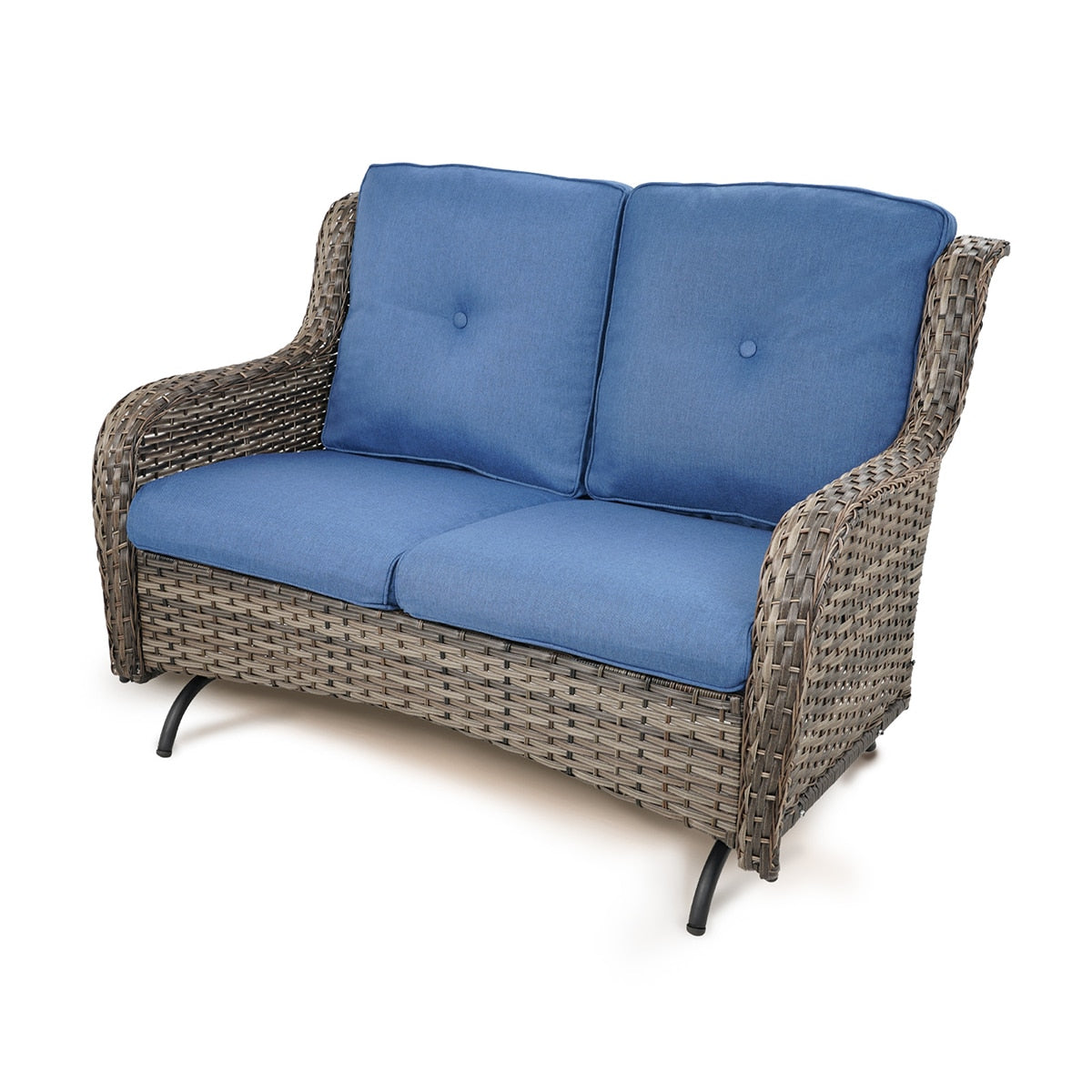 Rilyson Curved handrail Wicker Outdoor Loveseat with Blue Cushions and Wicker Frame