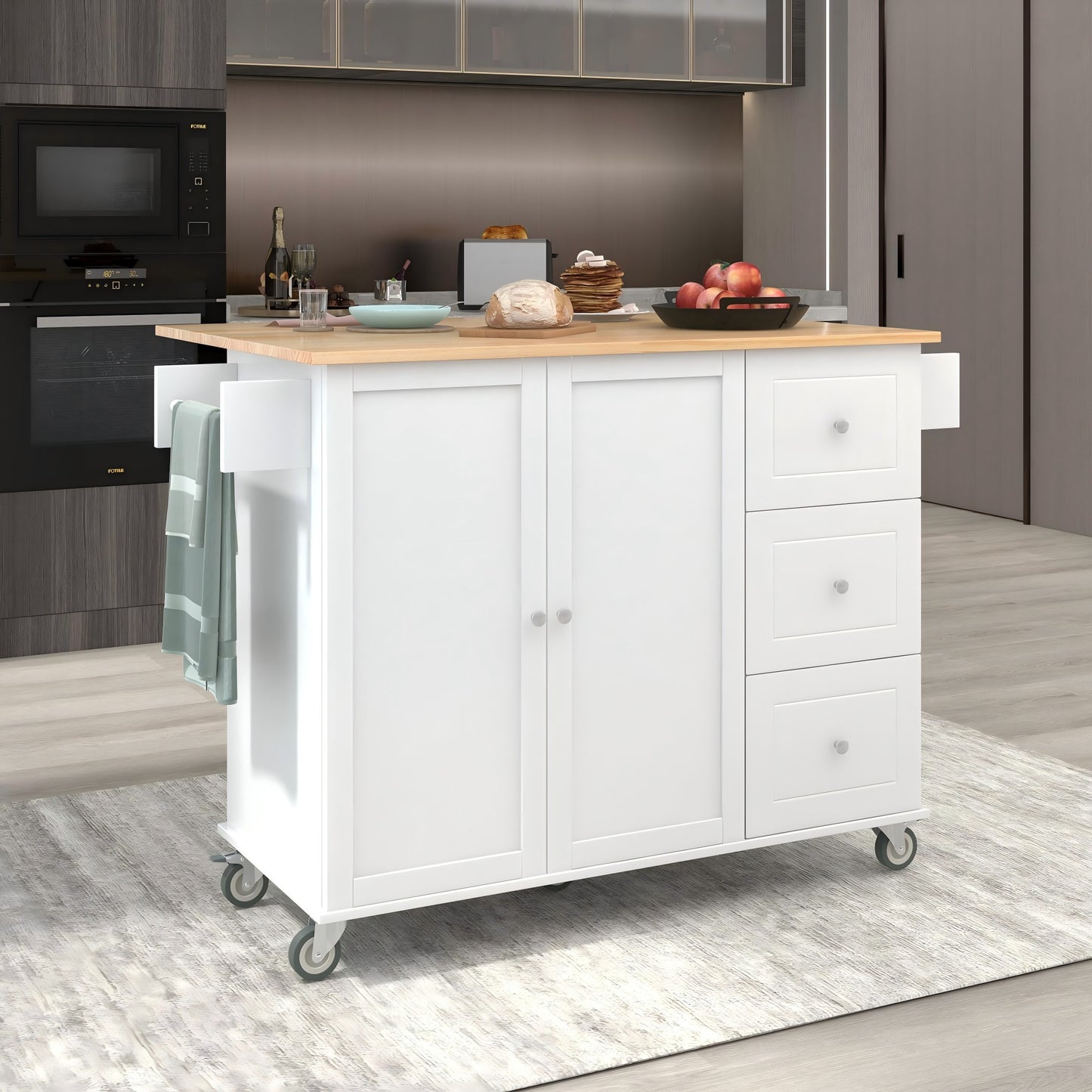 Xspracer White MDF Base with Wood Wood Top Rolling Kitchen Island ( 30-in x 53-in x 37-in )