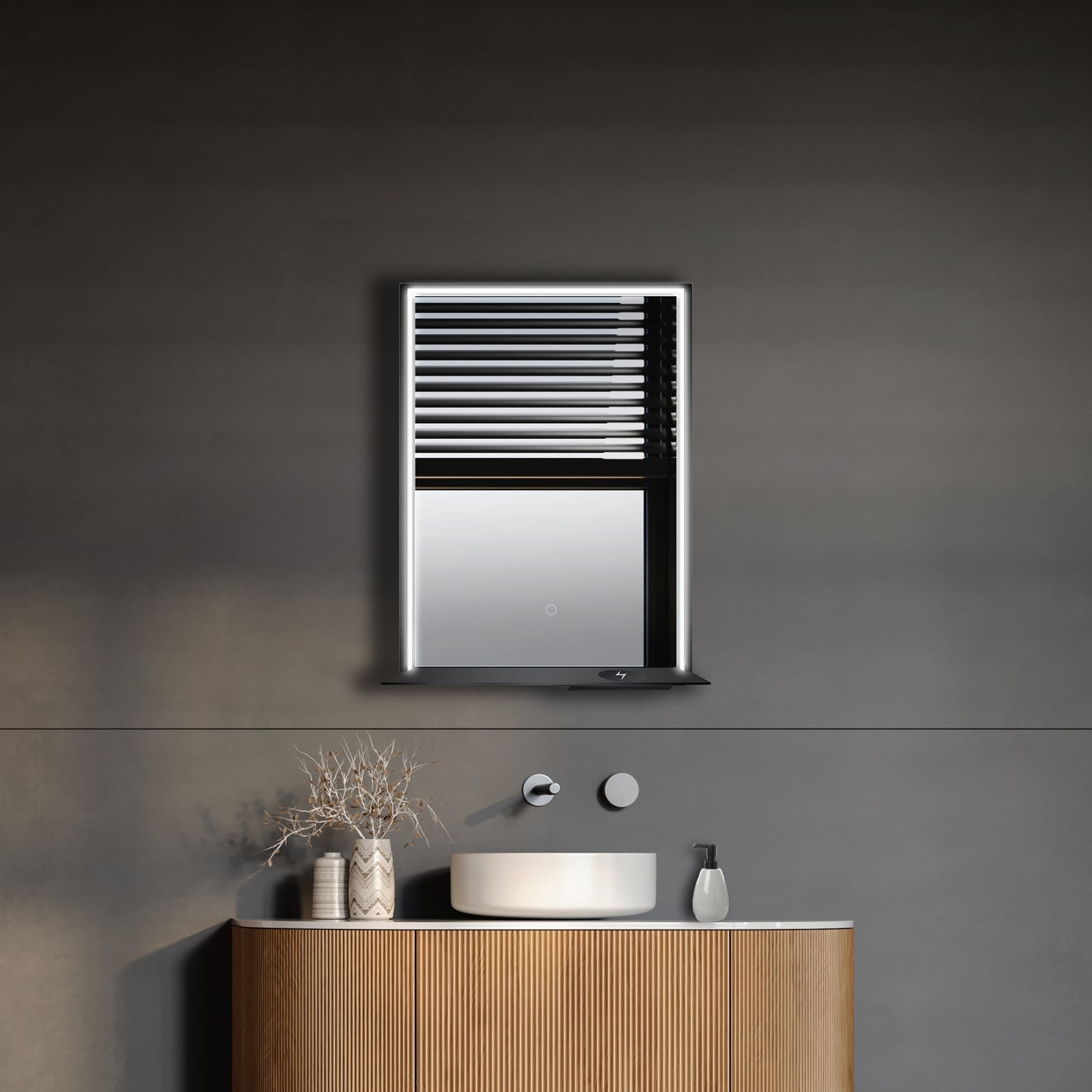 Dreamwerks LED Mirrors 24-in x 32-in Framed Rectangle Dimmable LED Lighted Fog Free Bluetooth Bathroom Vanity Mirror ( Black )