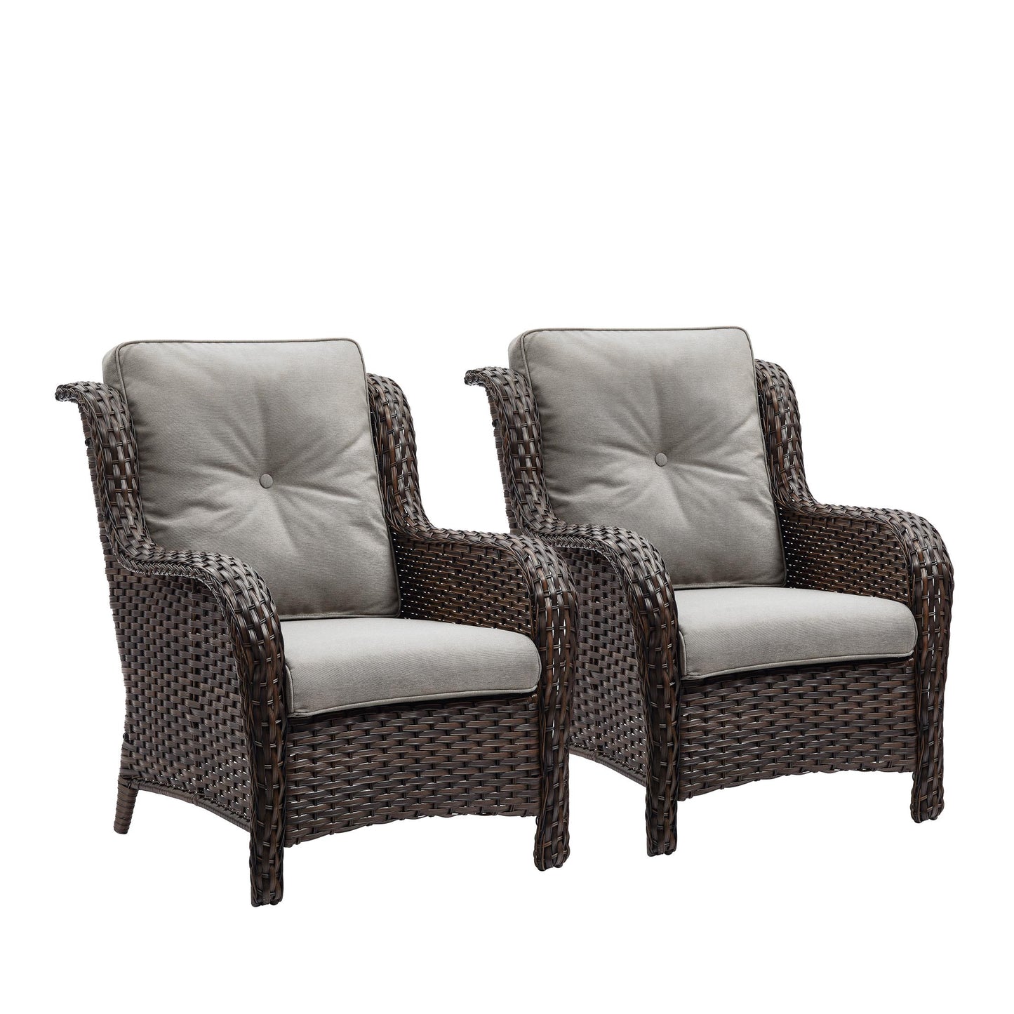 PACHAIRS-T Set of 2 Wicker Brown Steel Frame Stationary Conversation Chair with Gray Cushioned Seat