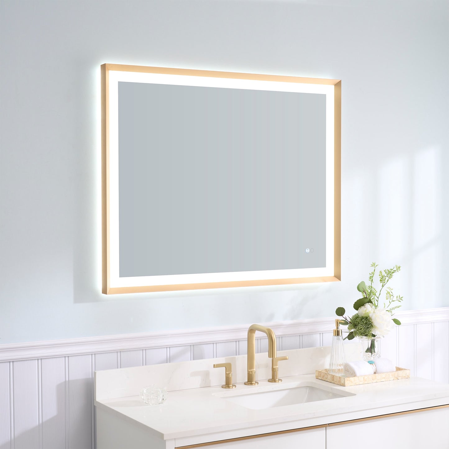 WELLFOR LUKY LED Framed Mirror 40-in x 32-in Framed Rectangle Dimmable LED Lighted Fog Free Bathroom Vanity Mirror ( Brushed Gold )