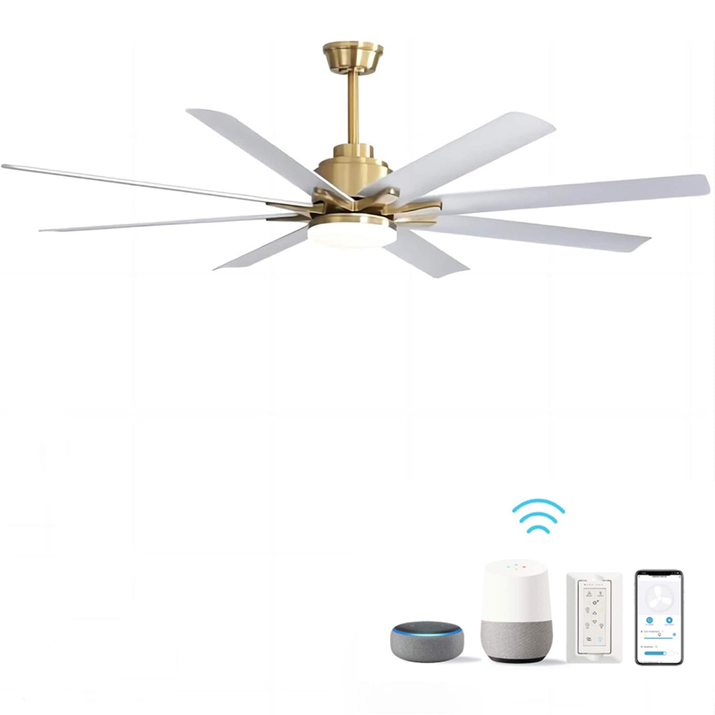 BABOOM 66-in Color-Changing Integrated LED Smart Brushed Gold with White ABS Blades Ceiling Fan With Light - Remote Included ( 8 -Blade )