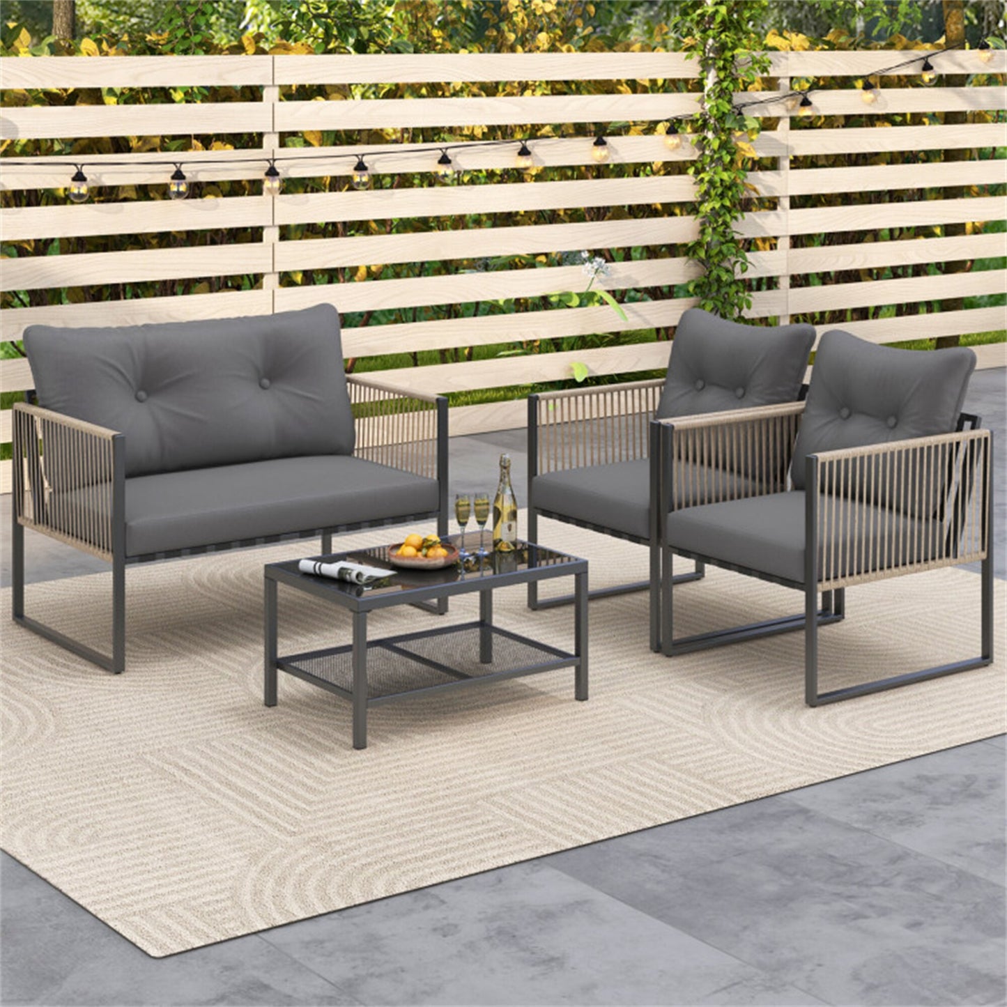 BABOOM Outdoor Conversation Set 4 -Piece Rattan Patio Conversation Set with Gray Cushions