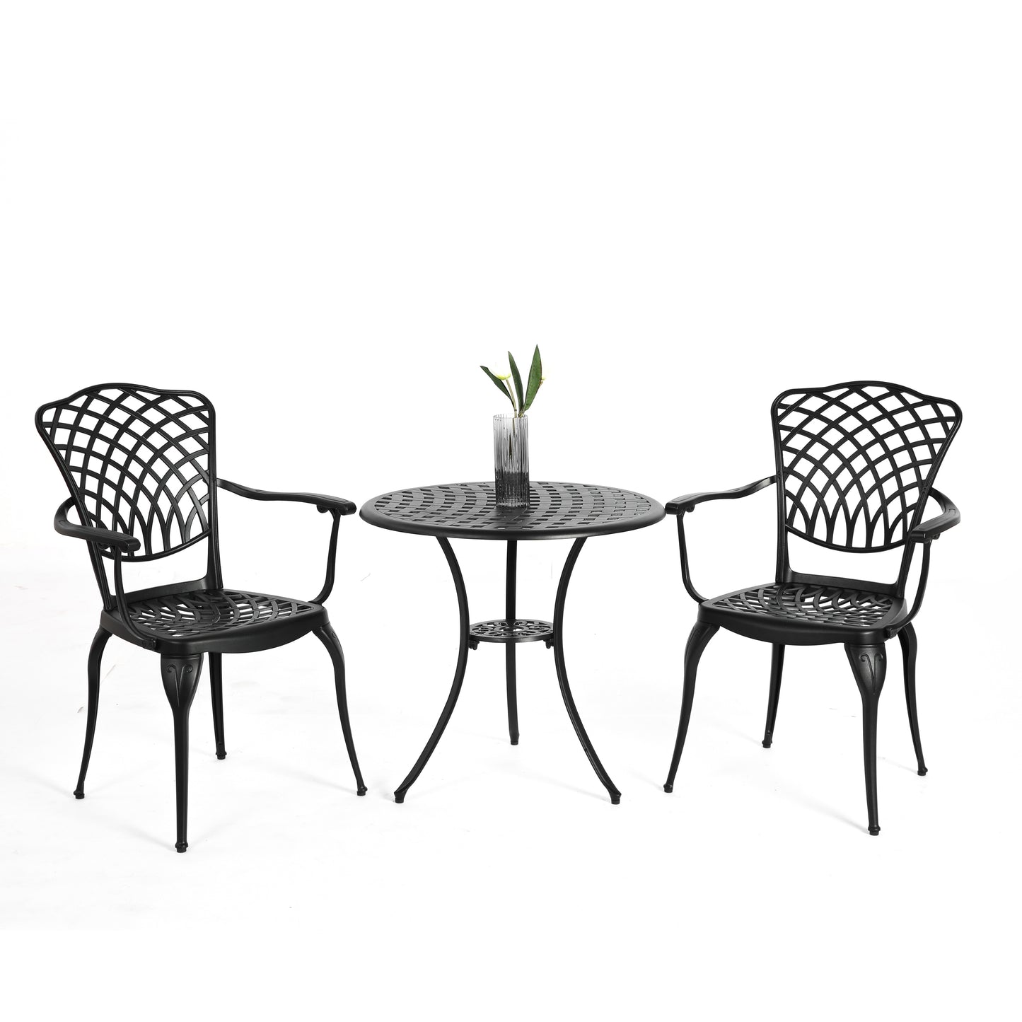 AHIOU HOME Berkeley 3 -Piece Black Bistro Patio Dining Set Aluminum Round Table with 2 Cushions Stationary Chairs