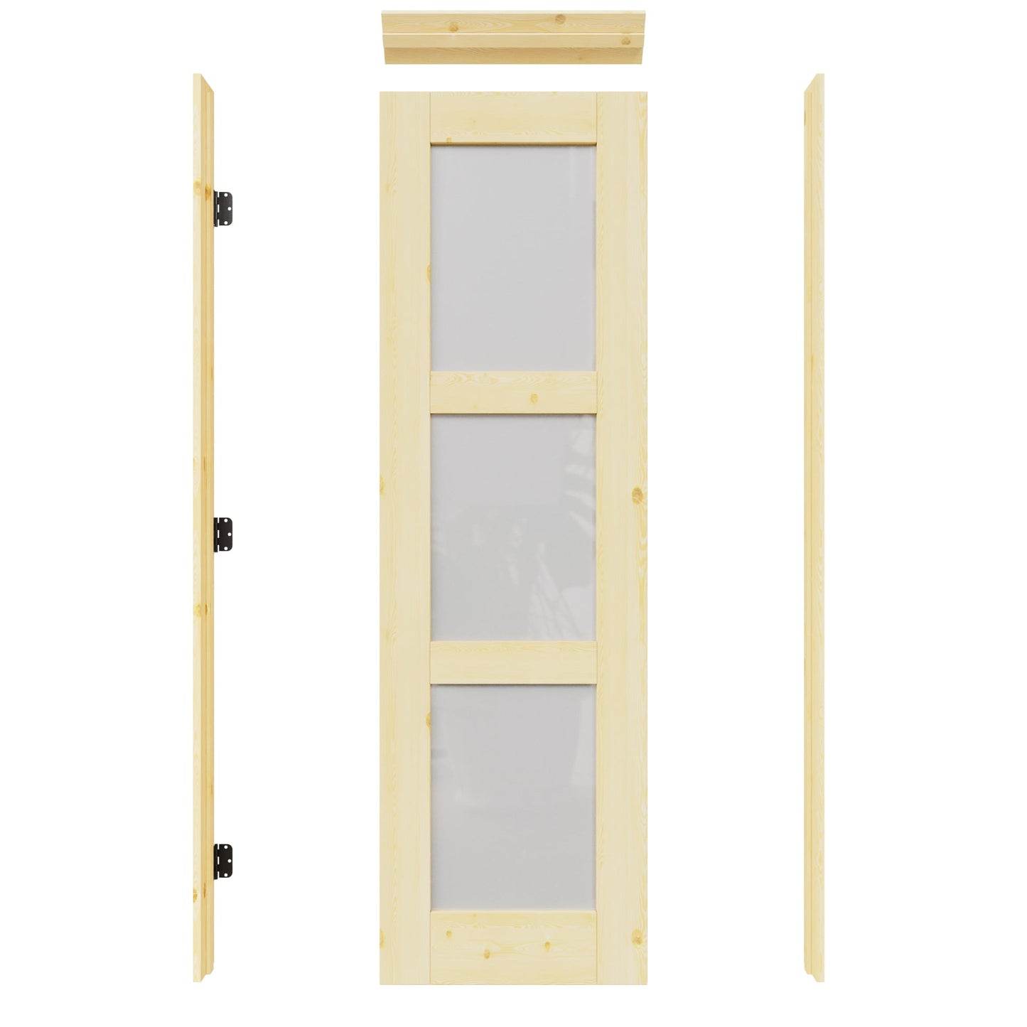 JUJUBON 24-in x 80-in Natural Quickly Assemble Jamb Solid core 3-panel square Frosted glass Left hand Textured Unfinished Pine Wood Flat Jamb Single Prehung Interior Door
