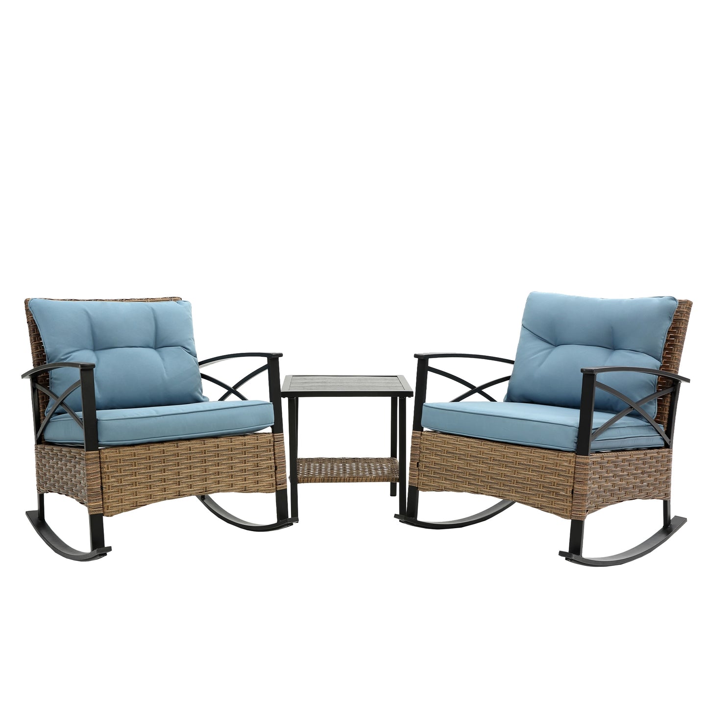 Bybafun Set of 2 Wicker Brown Wicker Frame Rocking Chair with Blue Cushioned Seat