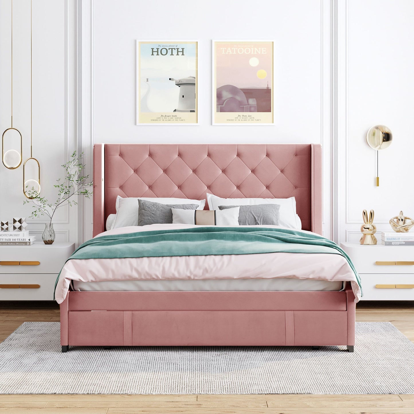 JIMSMAISON Pink Queen Wood Upholstered Bed with Storage