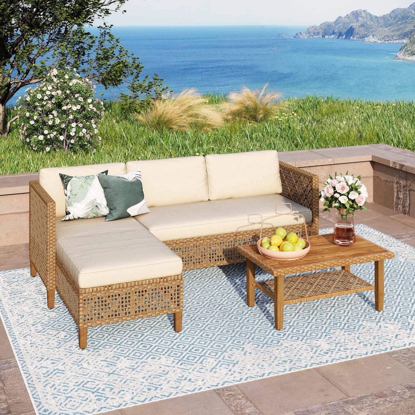 Sunshine Valley Patio Conversation Sets 2 -Piece Wicker Patio Sofa Conversation Set with Beige Cushions