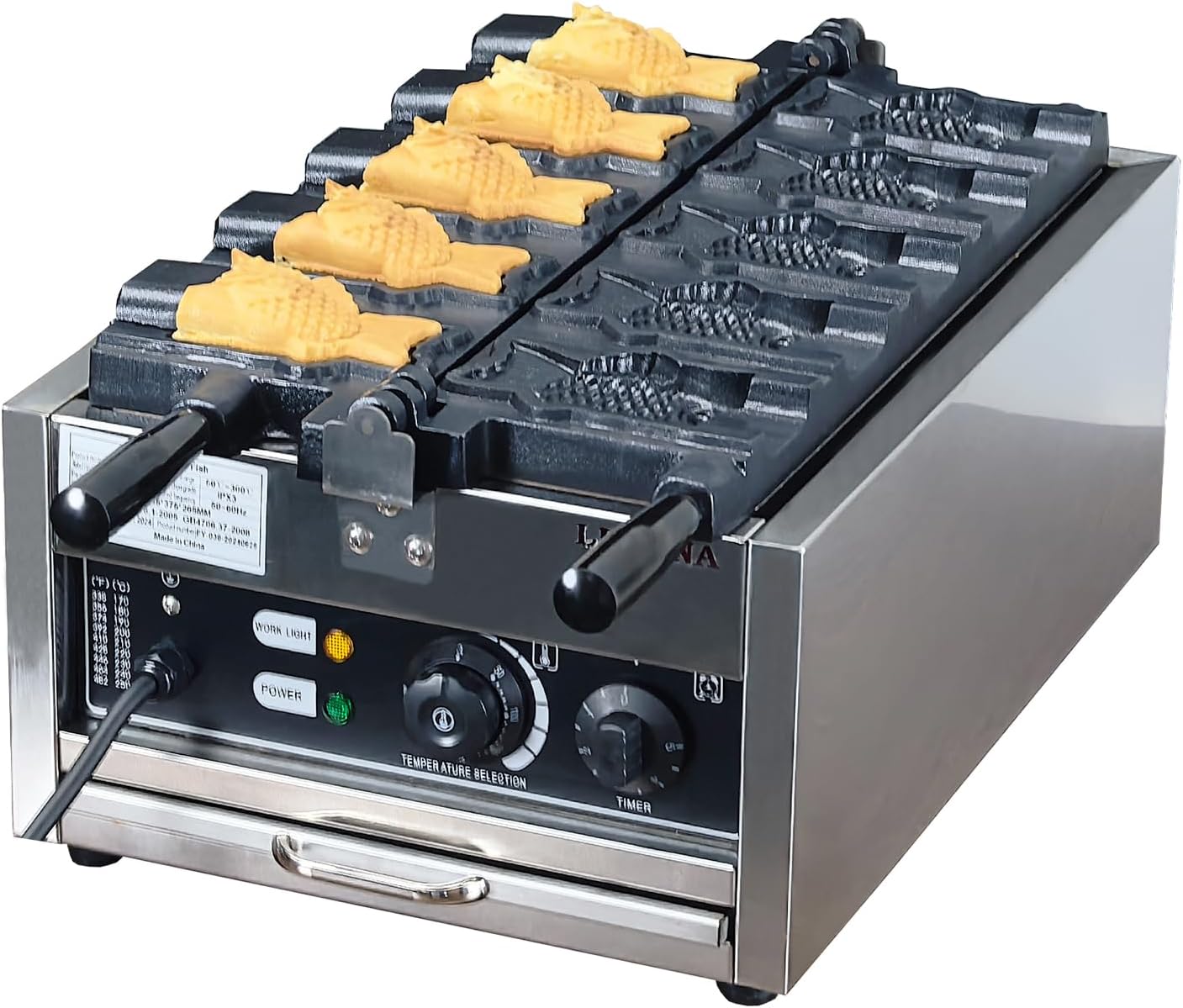 LHTSNA Taiyaki Fish Waffle Maker 110V\/Commercial Use Jam or Ice Cream Waffle Maker\/Stainless Steel 5 Big Open-Mouth Fish Non-Stick Teflon Coating Taiyaki Maker\/50-300℃\/122-572℉ Adjustable