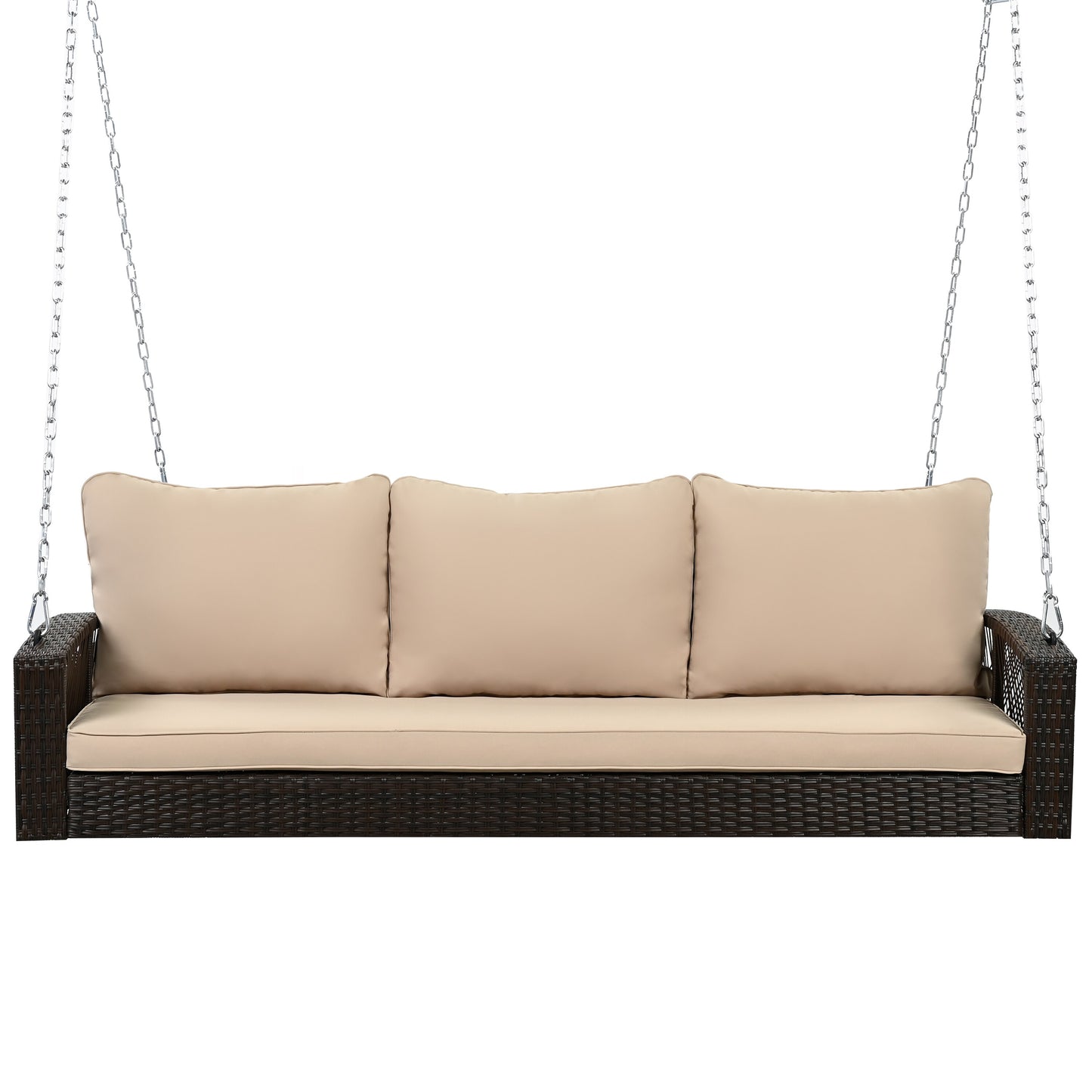 AAZJ PE Wicker 3-Person Porch Swing with Chains Rattan Teak Wood Frame Stationary Conversation Chair with Beige Cushioned Seat