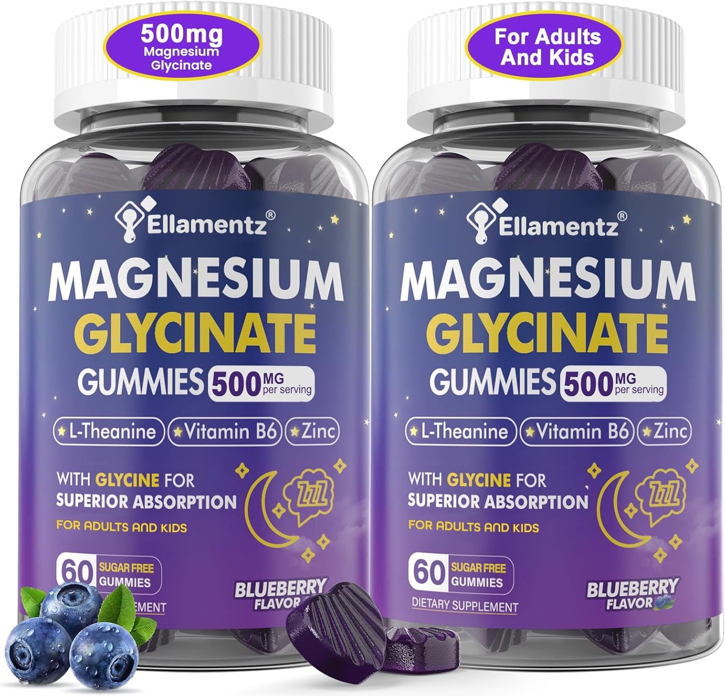 Magnesium Glycinate Gummies 500mg\/250mg for Adults Kids Teens, Sugar Free Magnesium Calm Sleep Aid Gummies with L-Theanine, Glycine, B6, Zinc for Sleep, Calm, Muscle, Relax Brain, No Melatonin, 2 Pack