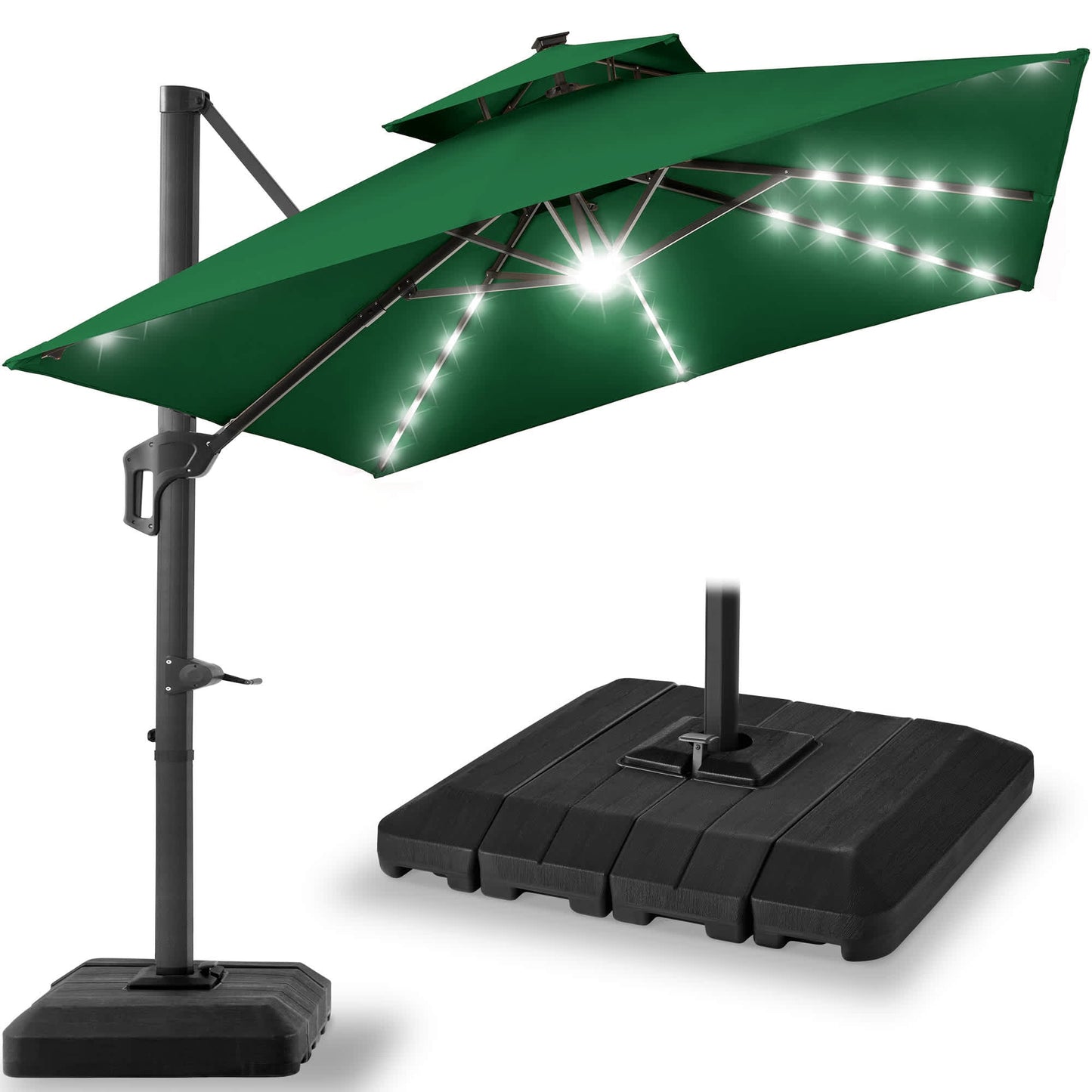 Best Choice Products 10x10ft 2-Tier Square Outdoor Solar LED Cantilever Patio Umbrella w/ Base Included - Green